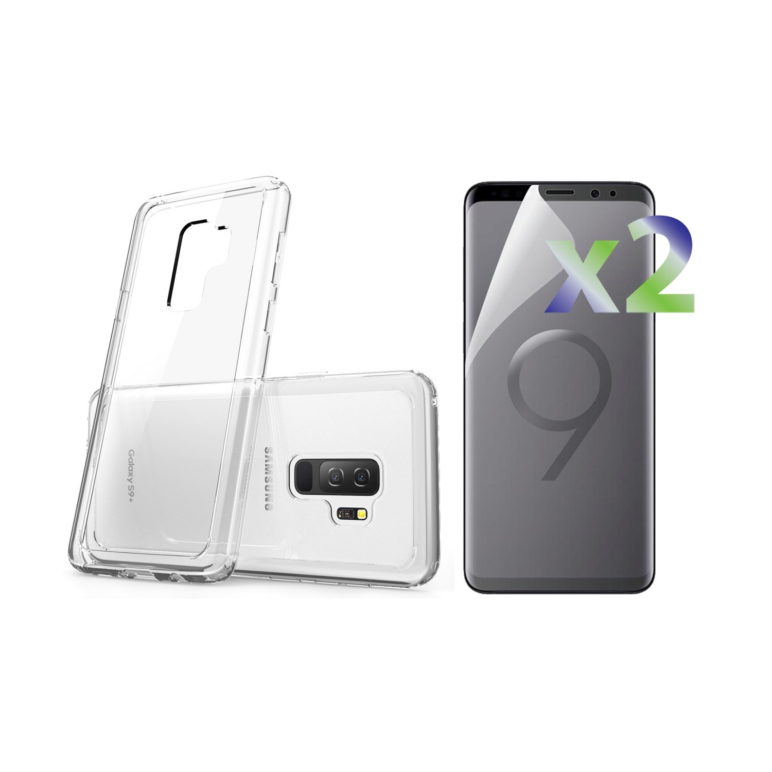 Exian Samsung Galaxy S9 Plus Screen Protectors X 2 and TPU Slim Transparent Case Clear