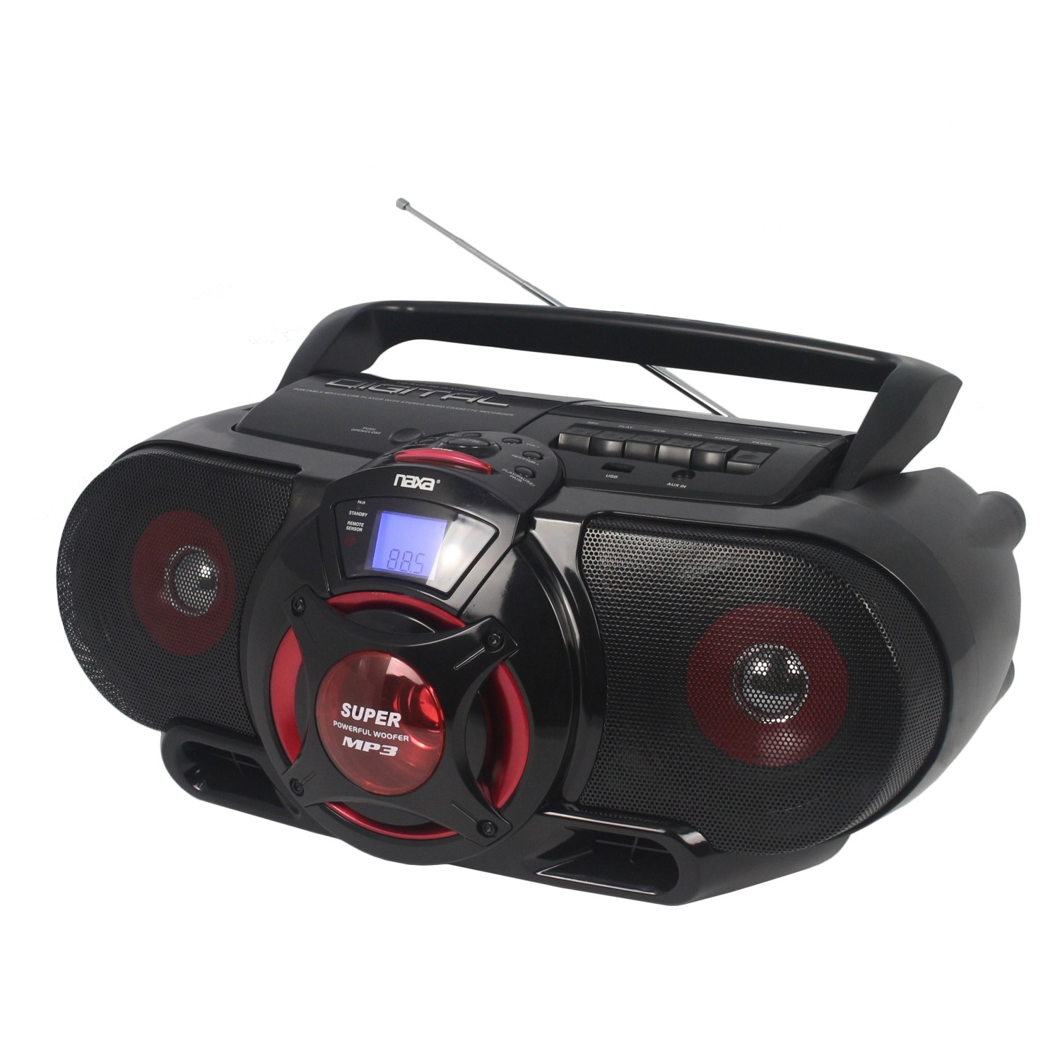 NAXA NPB-273 Portable Bluetooth® MP3/CD AM/FM Stereo Radio Cassette Player/Recorder with Subwoofer & USB Input