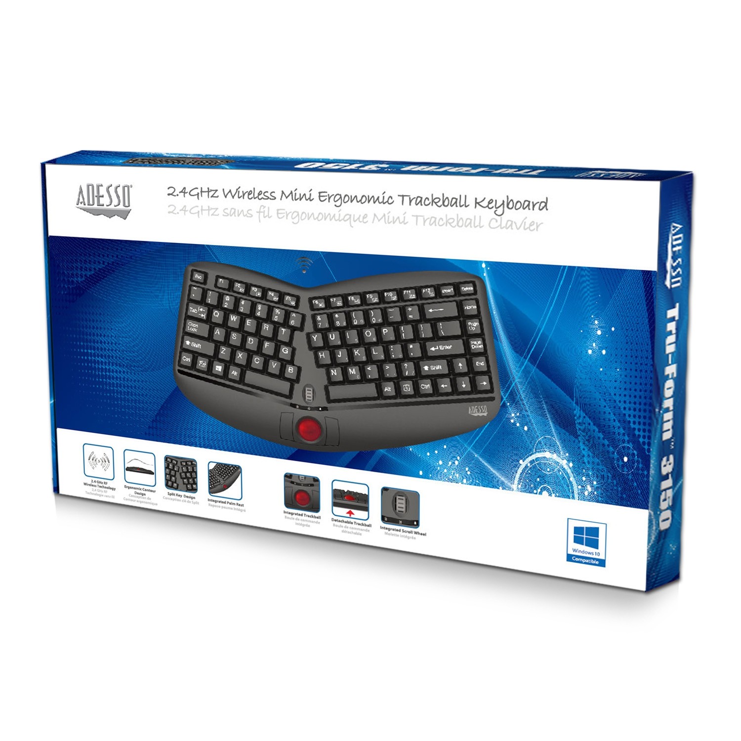 Clavier ergonomique sans fil Tru-Form Media 3150 d’Adesso avec boule de commande