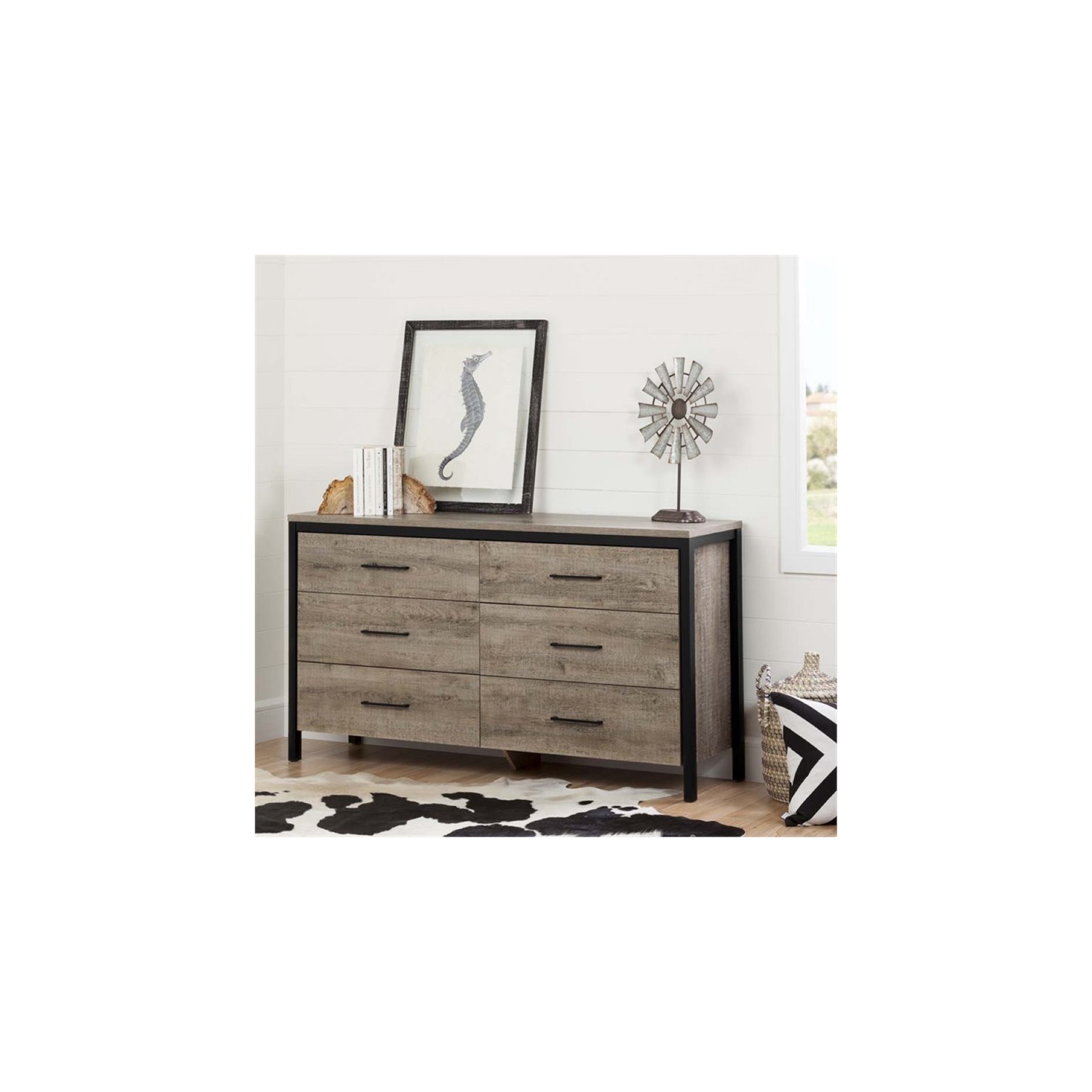 Bureau double 6 tiroirs Munich, Chêne vieilli et noir mat de Meubles South Shore