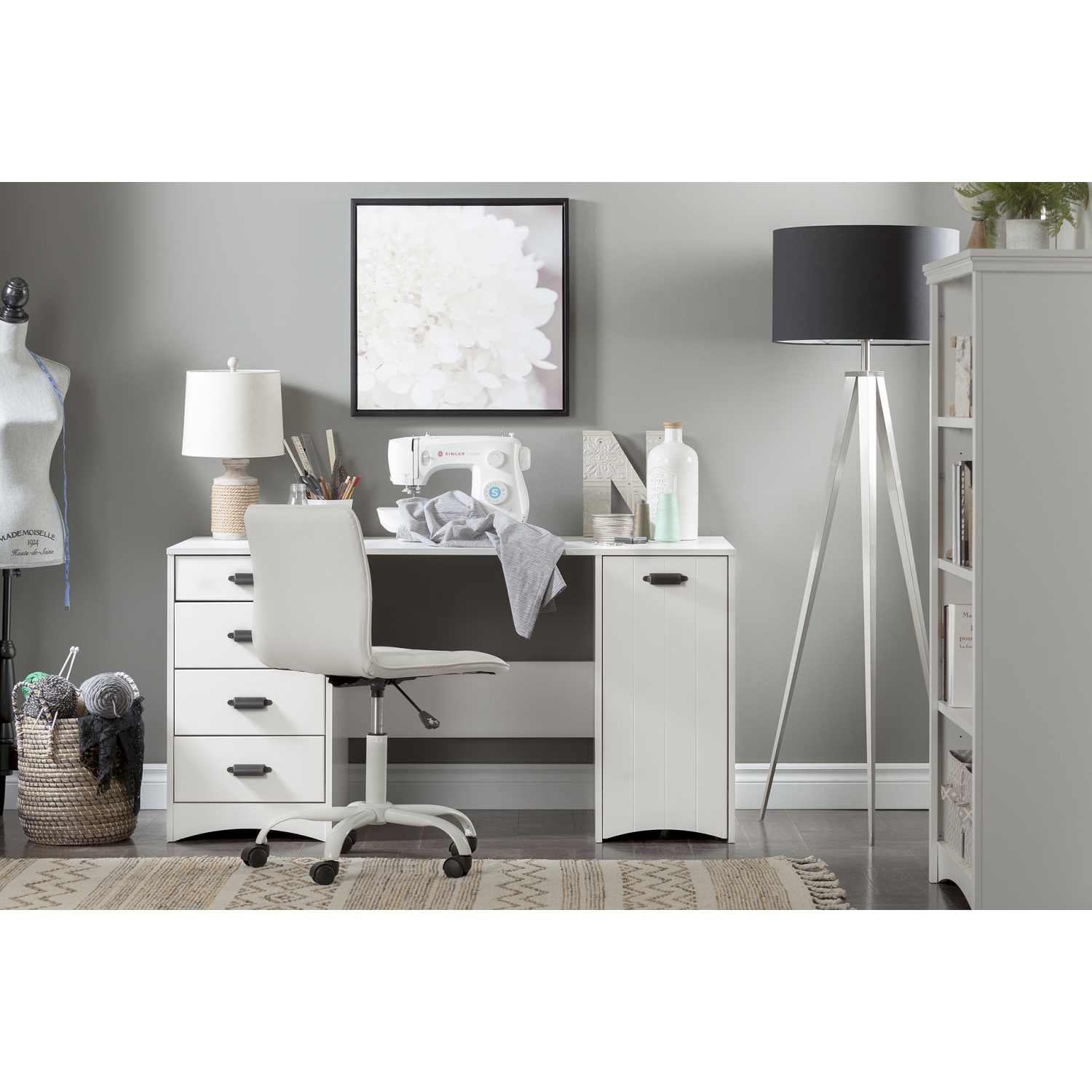 Table de couture avec rangement Artwork, Blanc solide de Meubles South Shore