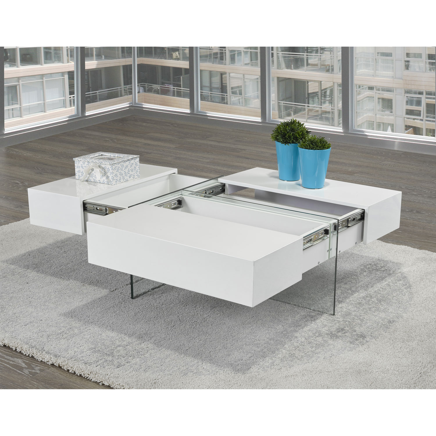 Brassex Contemporary Rectangular Coffee Table with Storage - White