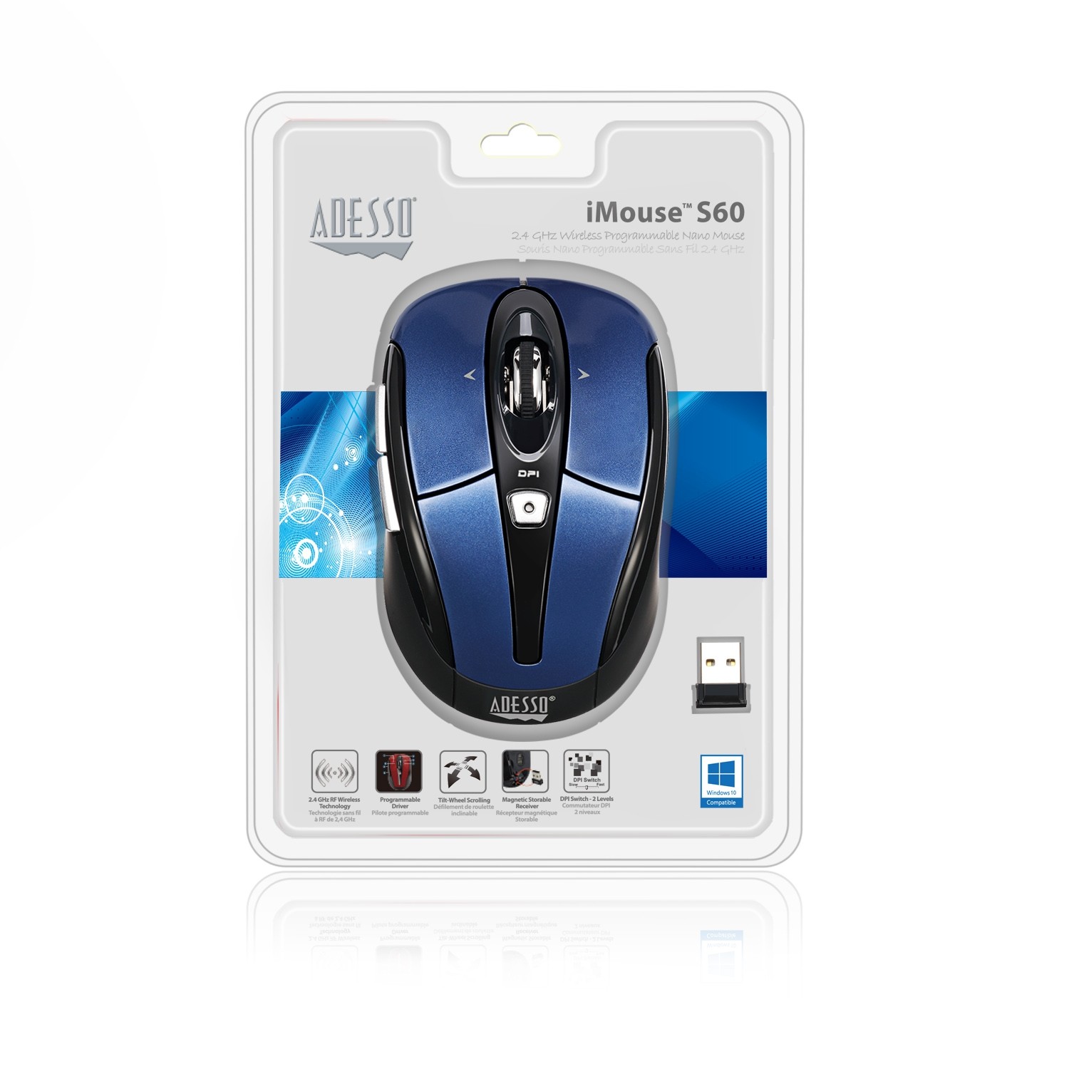 Adesso S60 1600 dpi Wireless Optical Gaming Mouse - Blue -