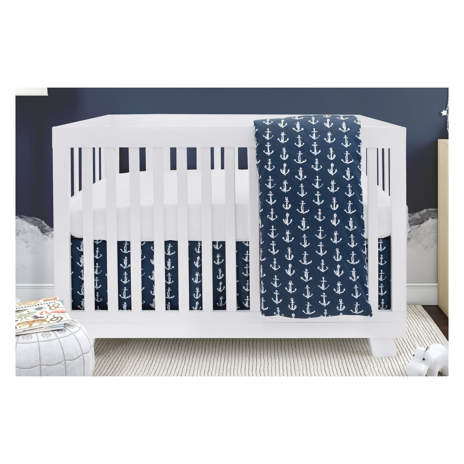Bebelelo Baby Crib Bedding For Girls And Boys, Navy Blue and White Anchors Design - 4-Piece Set