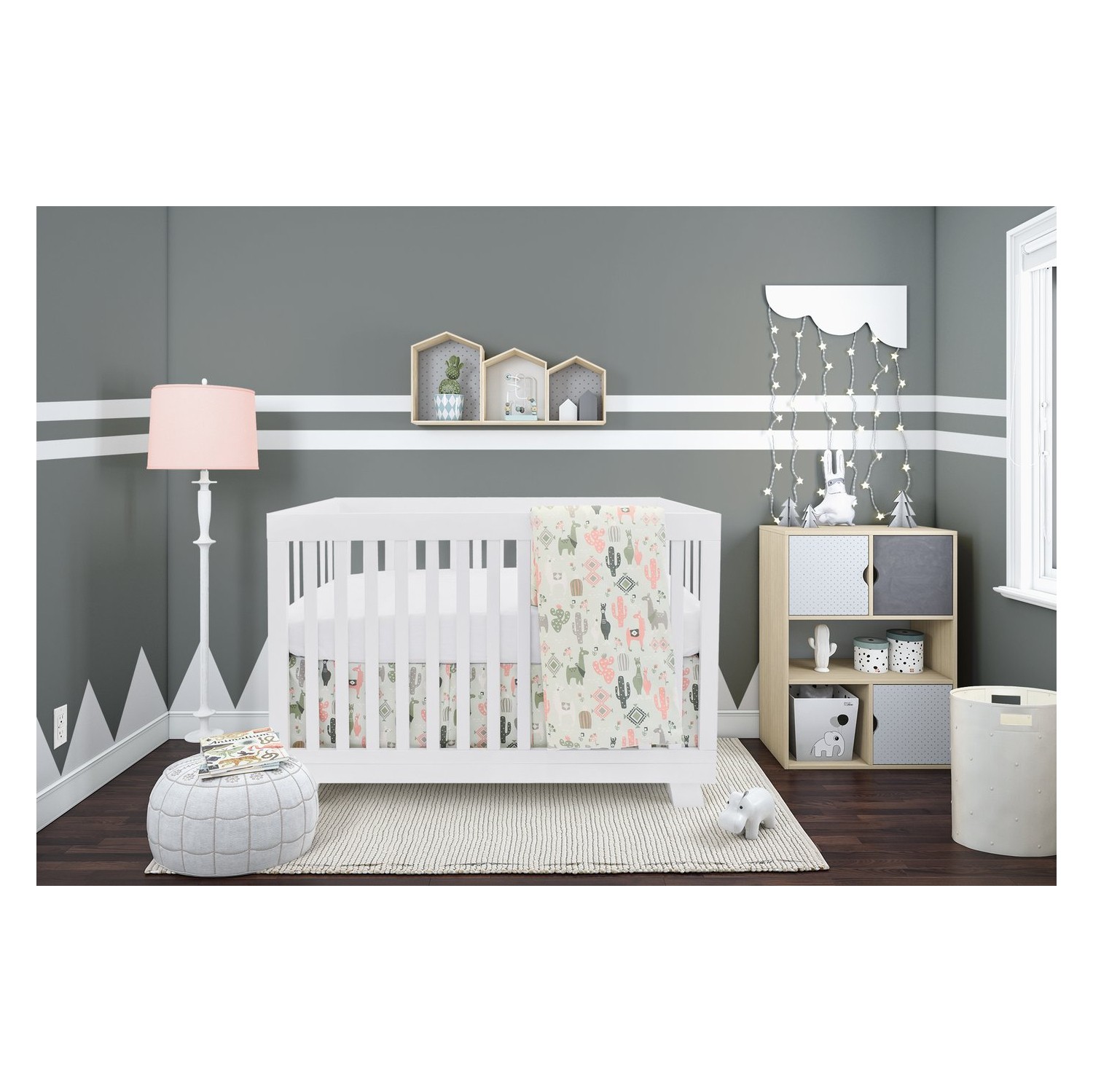 Bebelelo Baby Crib Bedding For Girls And Boys, Pink and Green Llama Love Sundown Design - 4-Piece Set