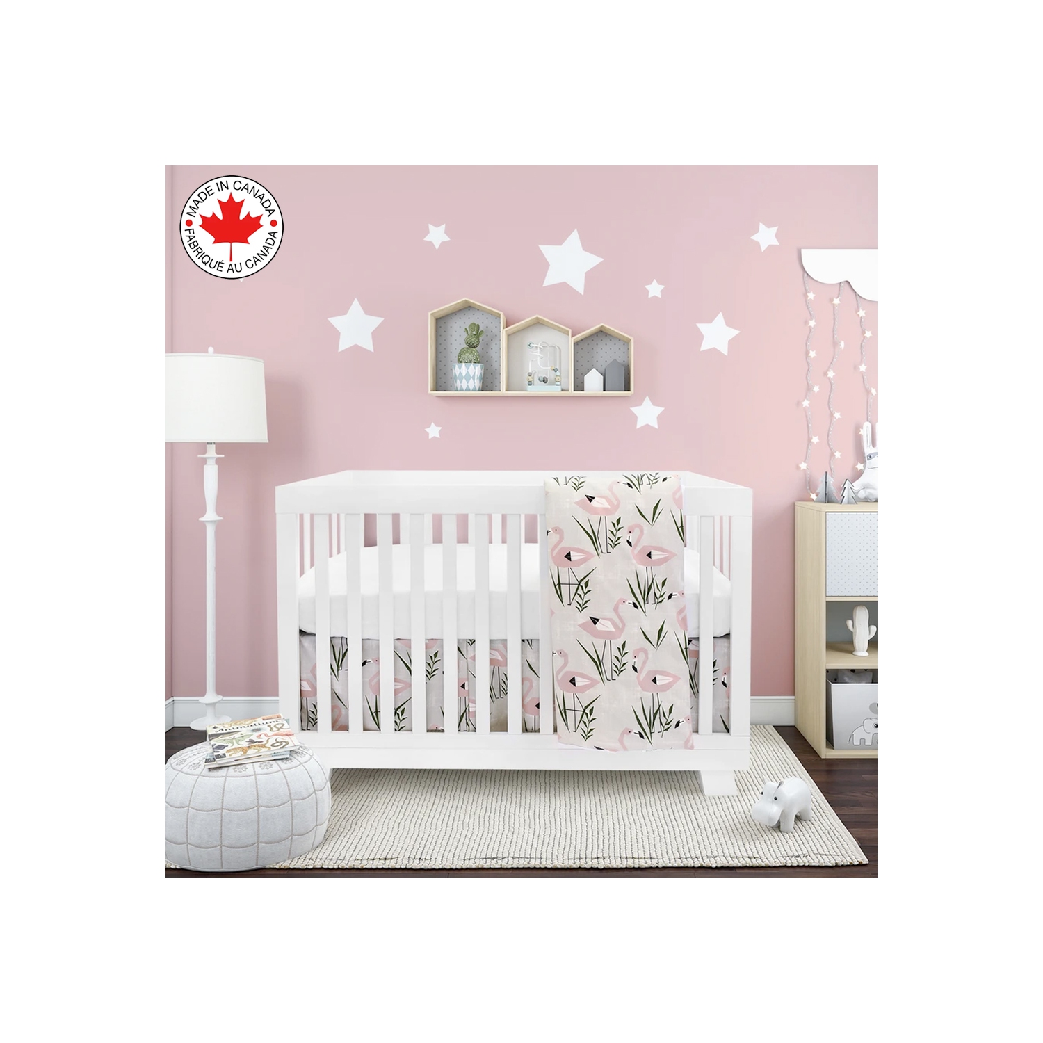 Bebelelo Baby Crib Bedding For Girls And Boys, Pink and White Flamingo Design - 4-Piece Set