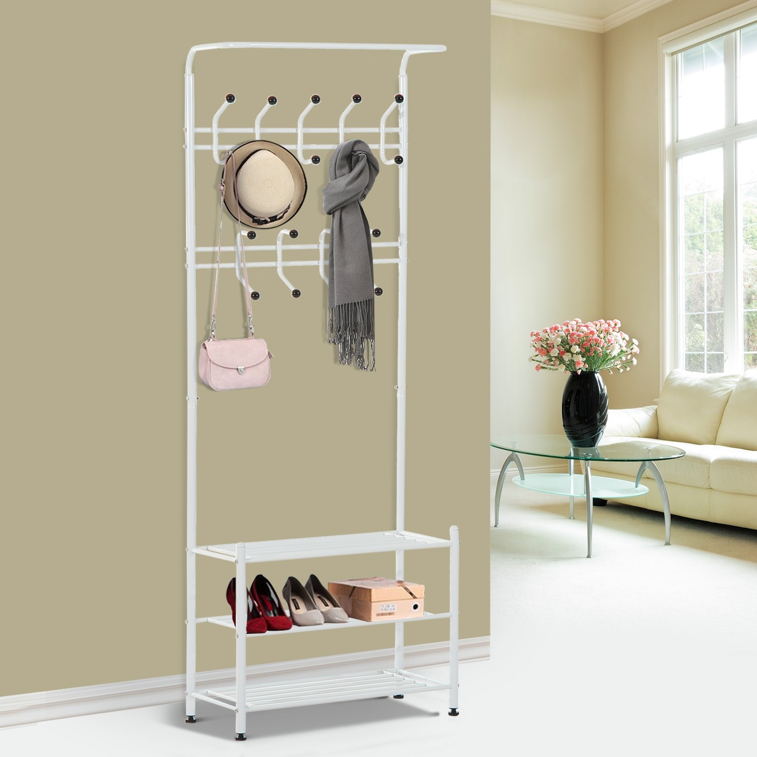 Homcom Heavy Duty 2 In 1 Metal Coat Shoe Rack 18 Hooks With 3 Tier Shelves White Best Buy Canada