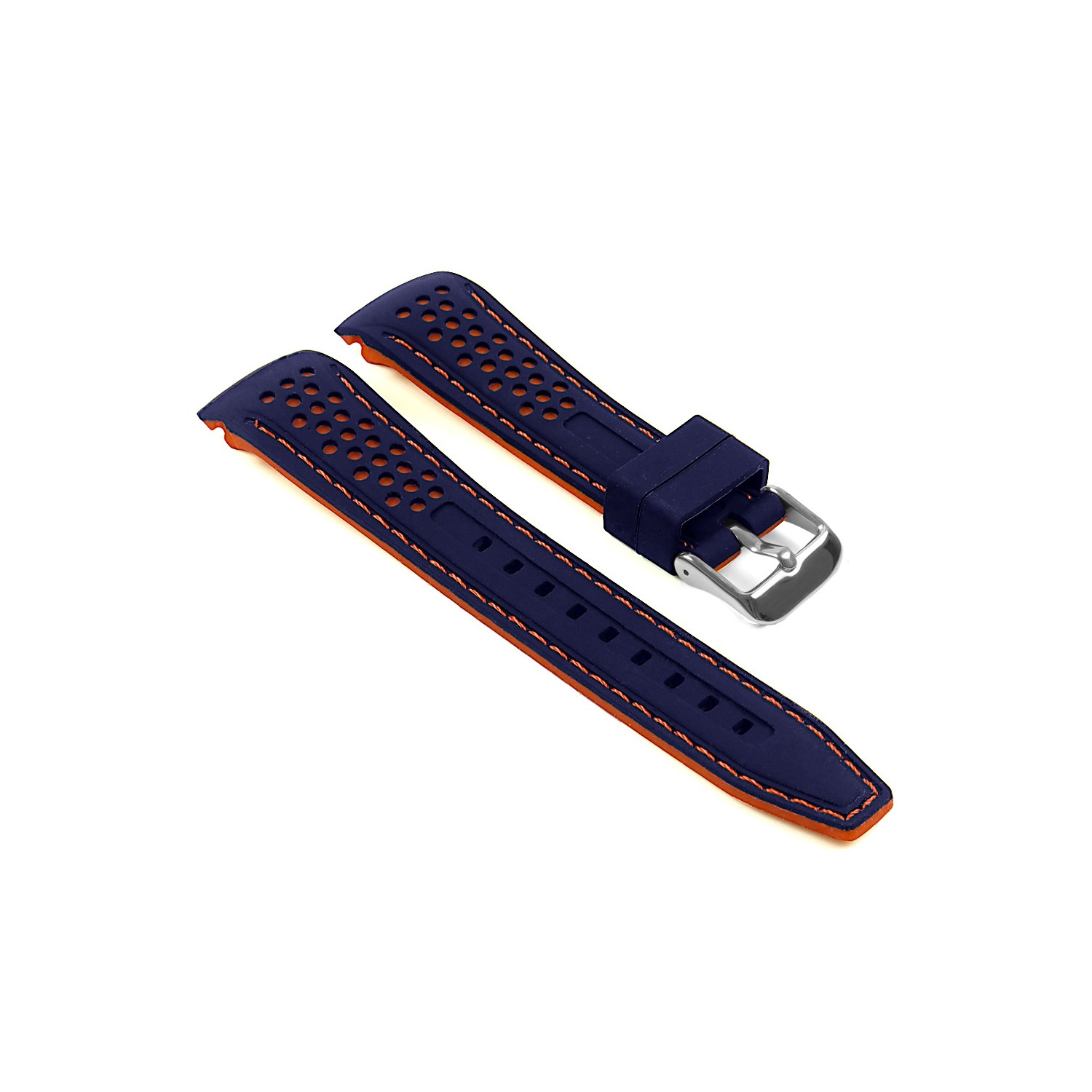 StrapsCo Perforated Silicone Rubber Rally Racing Watch Band Strap with Curved Ends - 22mm Blue & Orange
