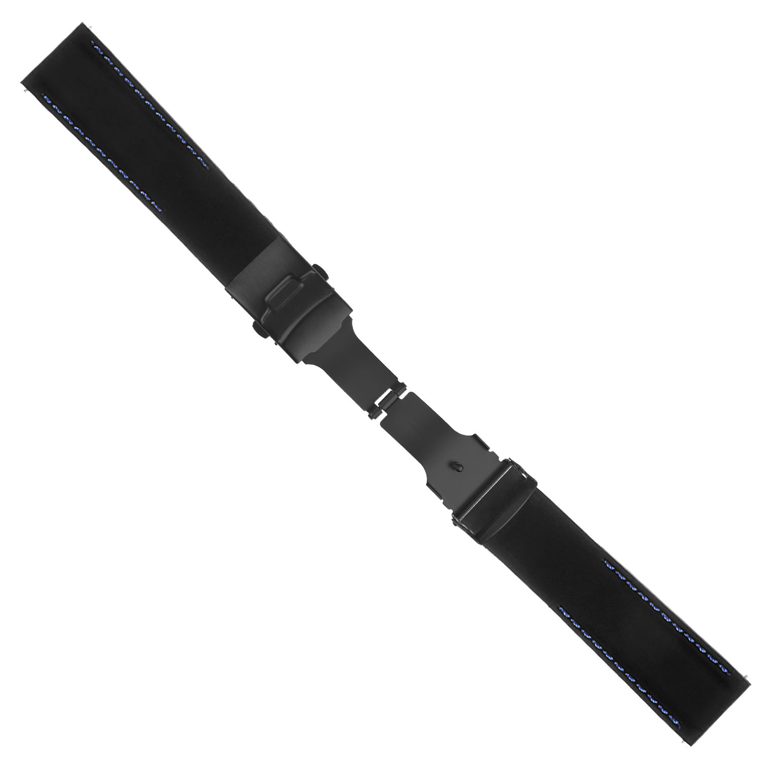 StrapsCo Rubber Watch Band with Stitching & Matte Black Deployant Clasp - Quick Release Strap - 24mm Black & Blue