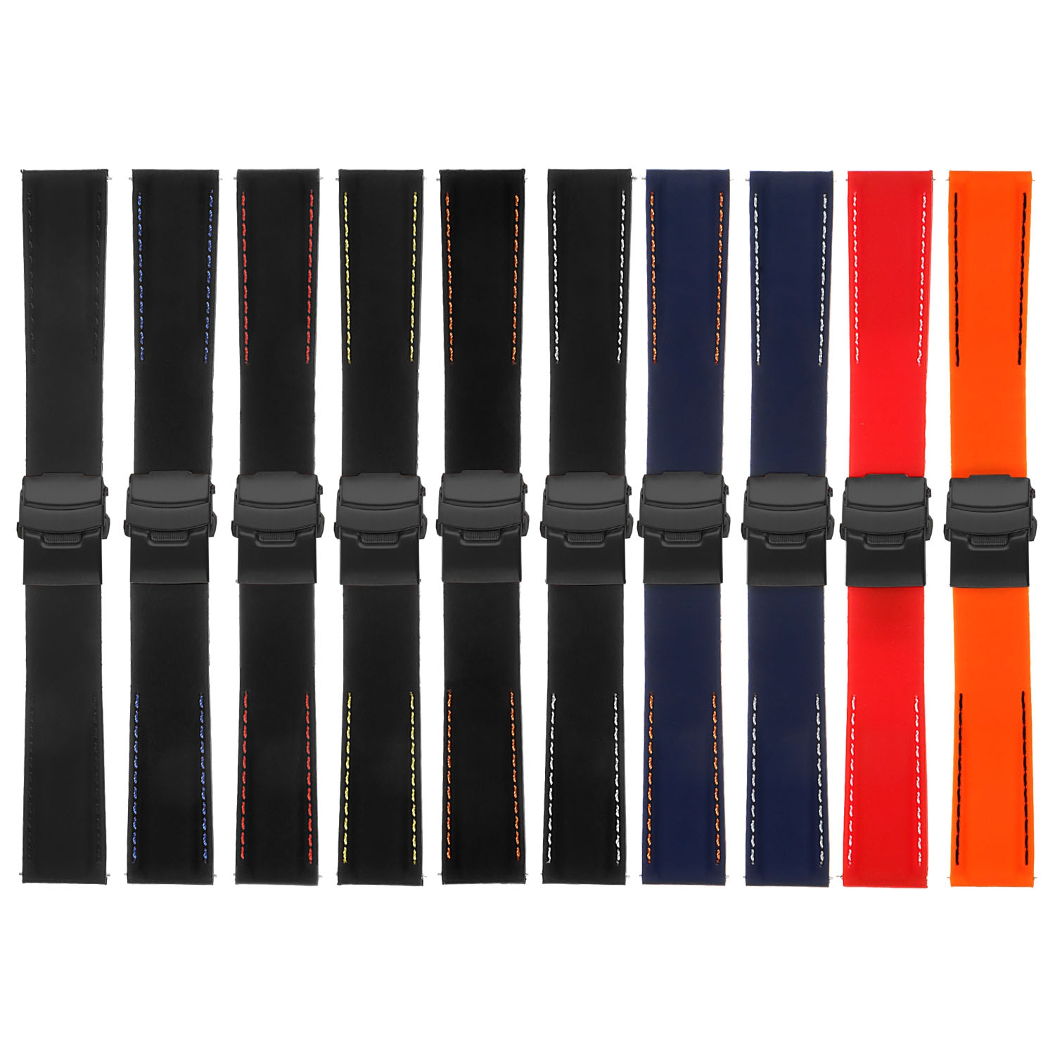 StrapsCo Rubber Watch Band with Stitching & Matte Black Deployant Clasp - Quick Release Strap - 24mm Black & Blue