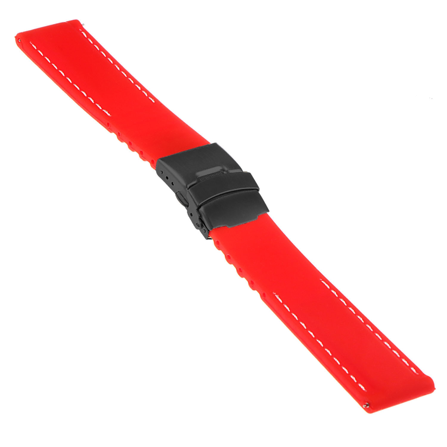 StrapsCo Rubber Watch Band with Stitching & Matte Black Deployant Clasp - Quick Release Strap - 22mm Red & White