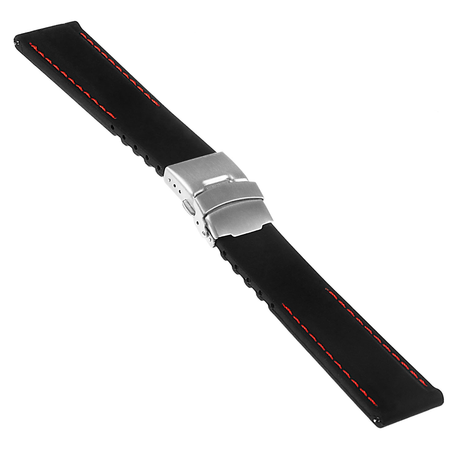 StrapsCo Rubber Watch Band with Stitching & Deployant Clasp - Quick Release Strap - 24mm Black & Red