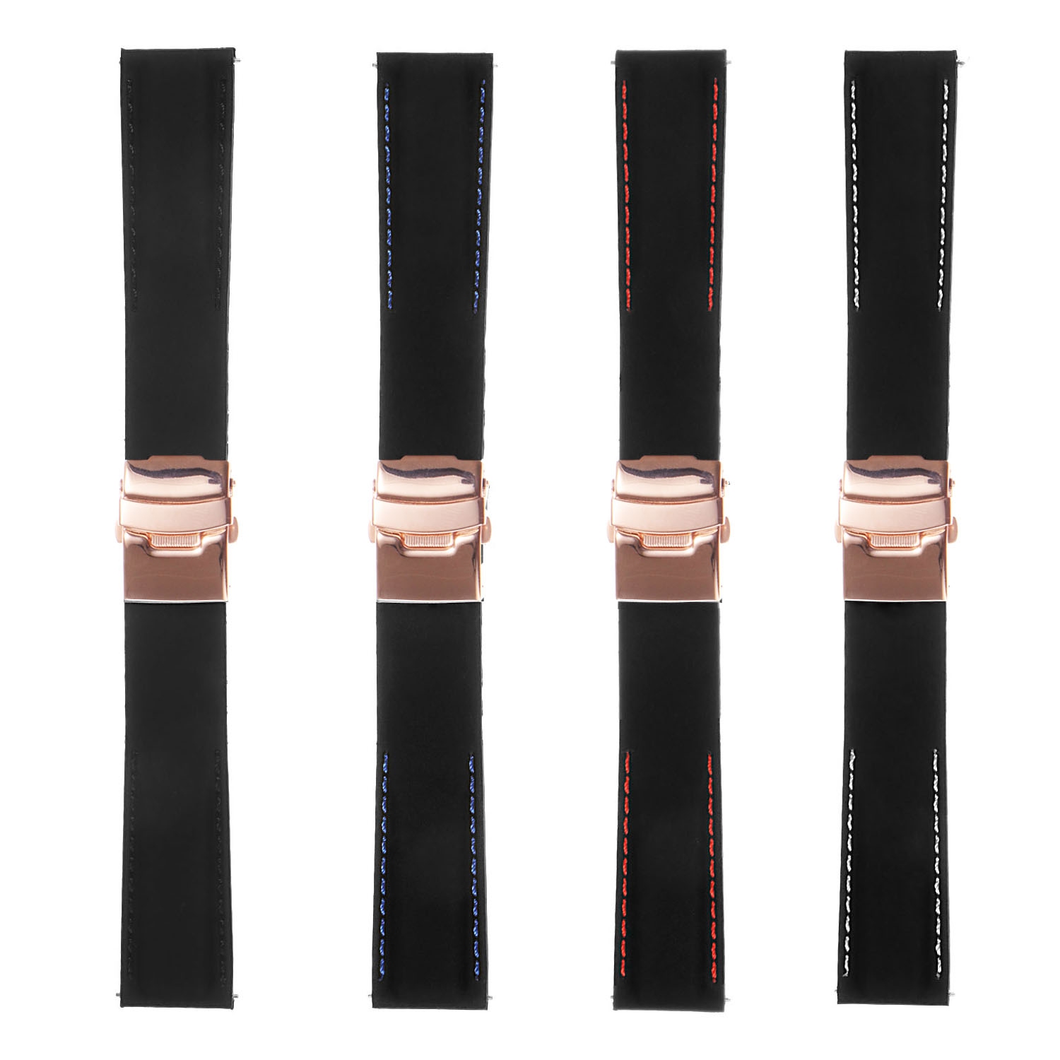StrapsCo Rubber Watch Band with Stitching & Rose Gold Deployant Clasp - Quick Release Strap - 24mm Black & White