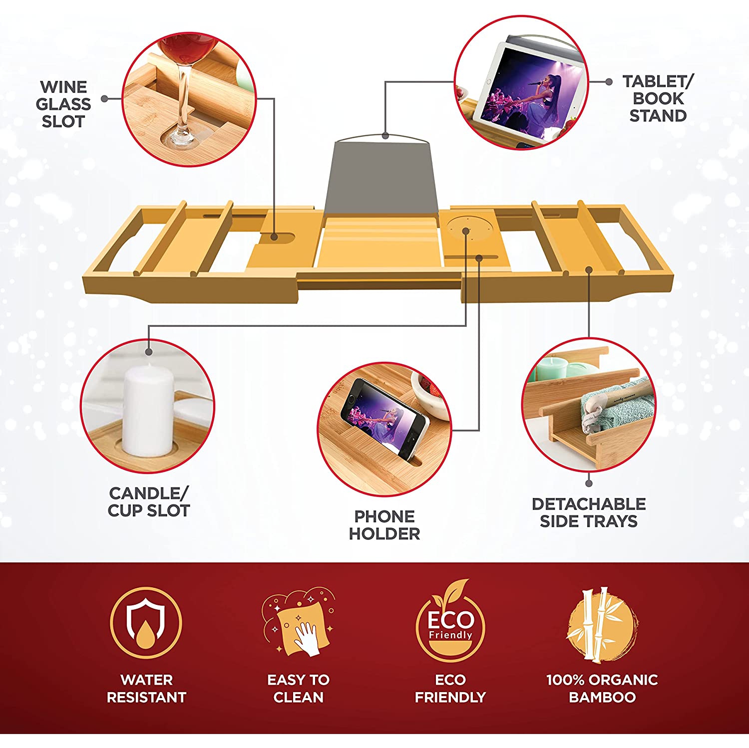 Luxury Bamboo Bathtub Tray Caddy - Expandable and Nonslip Bath Caddy with Book/Tablet and Wine Glass Holder - Great Gift Idea for Loved Ones