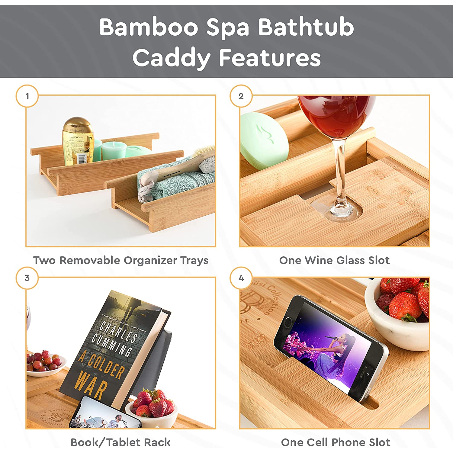 Bambusi Bamboo Bathtub Tray With Extending Sides, Reading Rack, Tablet  Holder, Cellphone Tray & Integrated Wine Glass Holder.