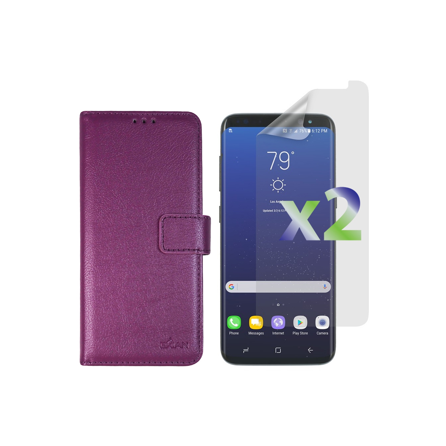 Exian Samsung Galaxy S8 Screen Protectors X 2 and PU Leather Wallet Purple