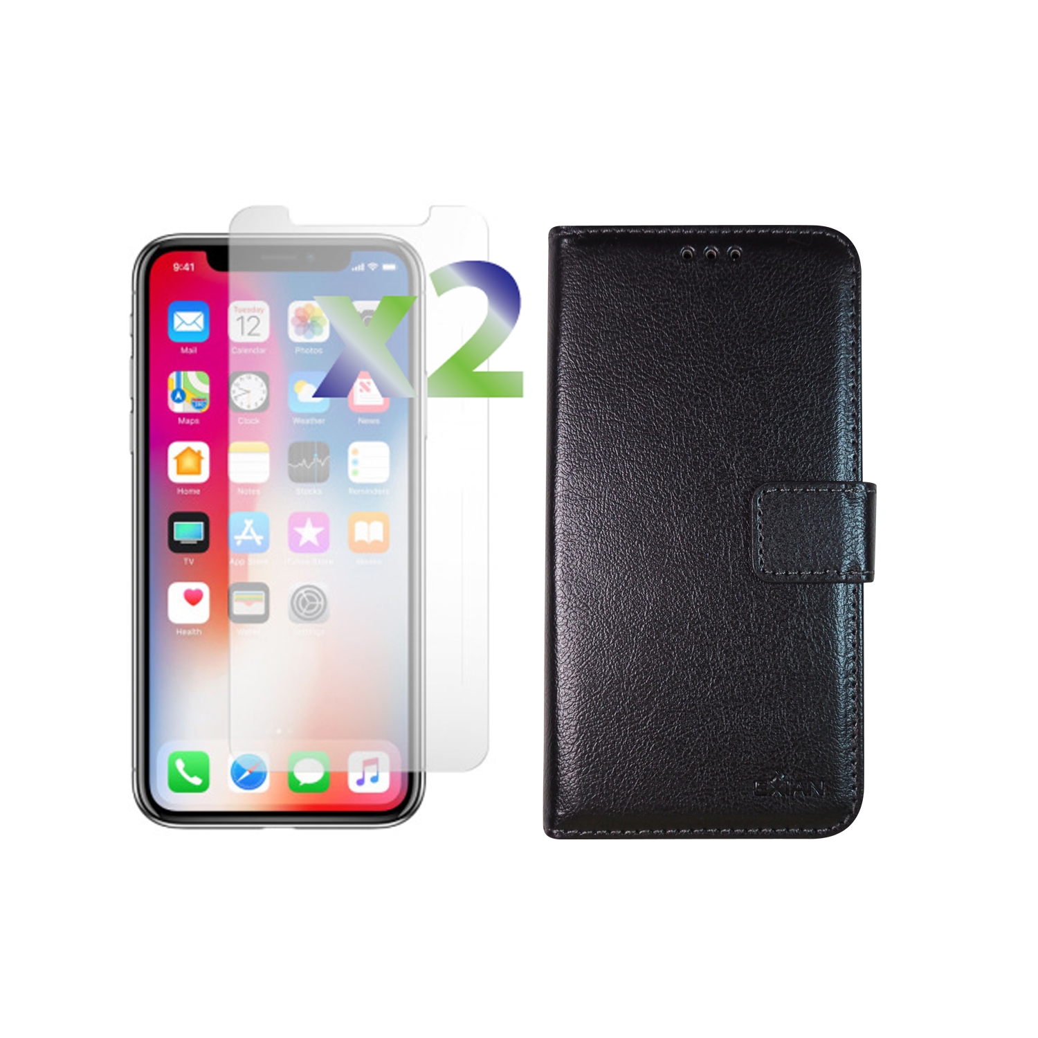 Exian iPhone X Screen Protectors X 2 and PU Leather Wallet Black
