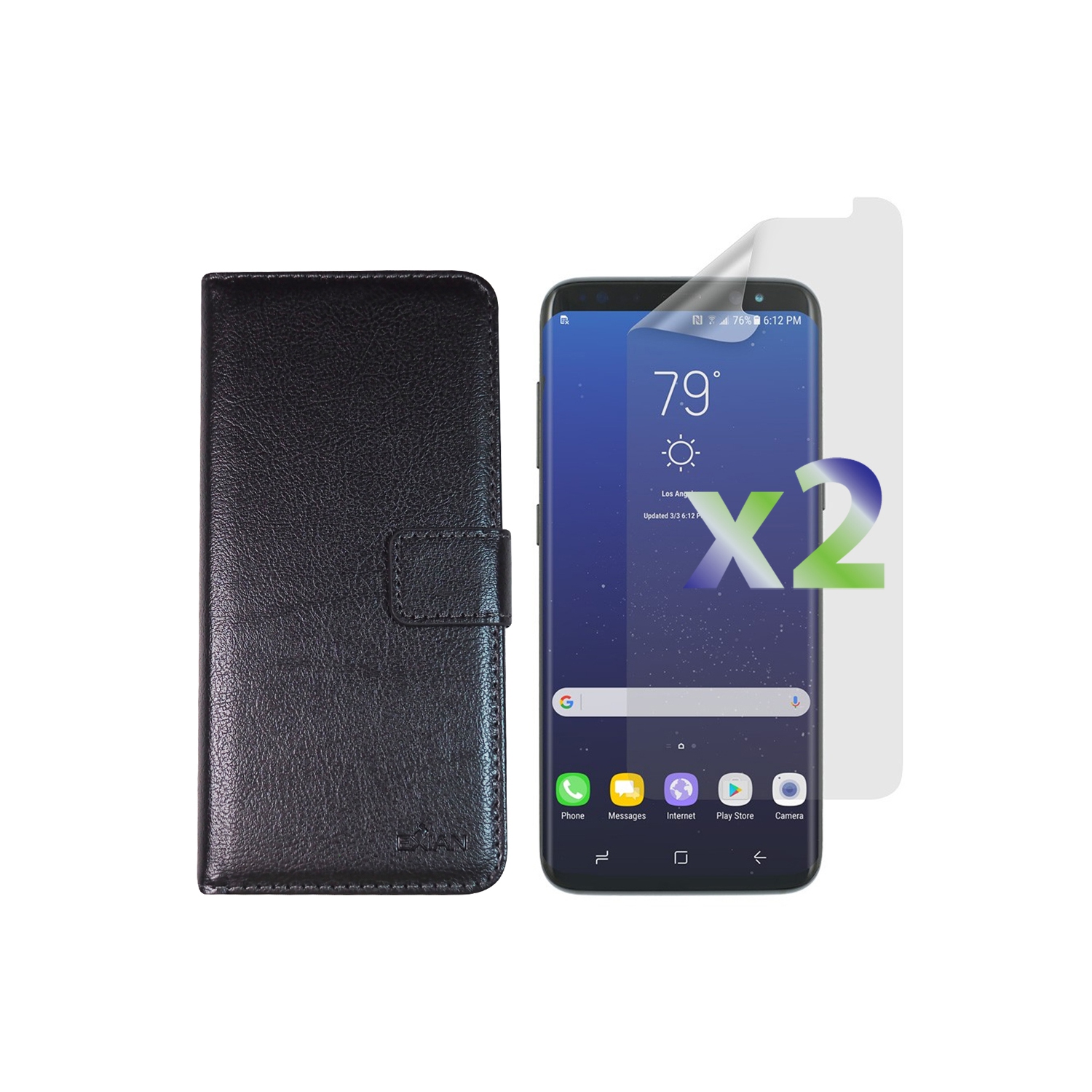 Exian Samsung Galaxy S8 Plus Screen Protectors X 2 and PU Leather Wallet Black