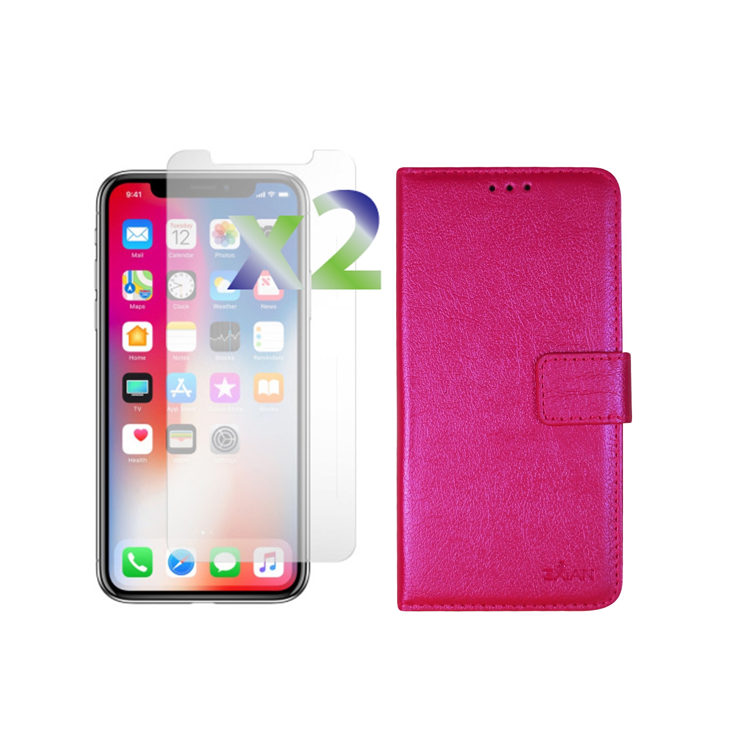 2 protecteurs d’écran d’Exian pour iPhone X et portefeuille en cuir de polyuréthane rose vif