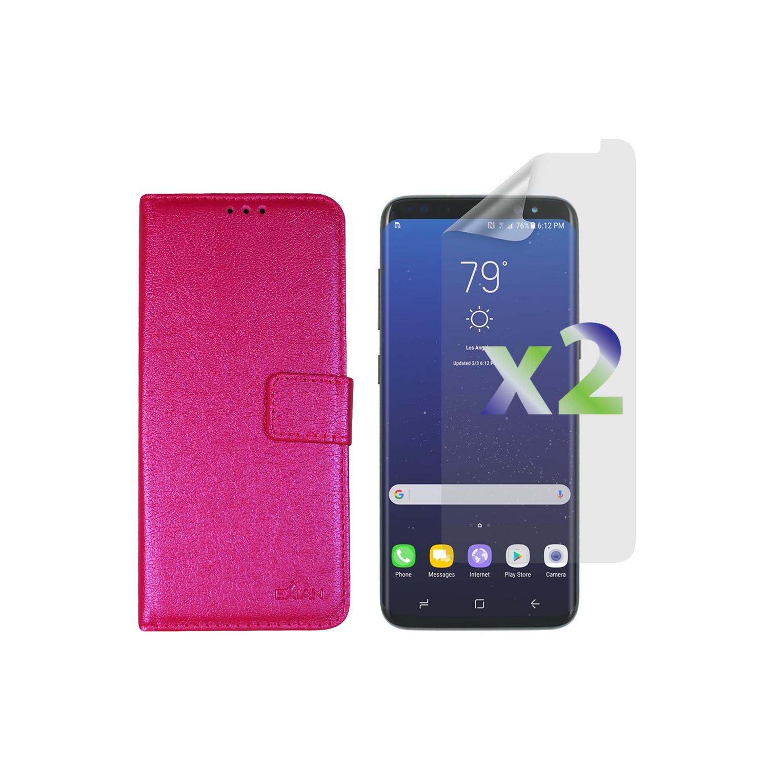 Exian Samsung Galaxy S8 Plus Screen Protectors X 2 and PU Leather Wallet Hot Pink