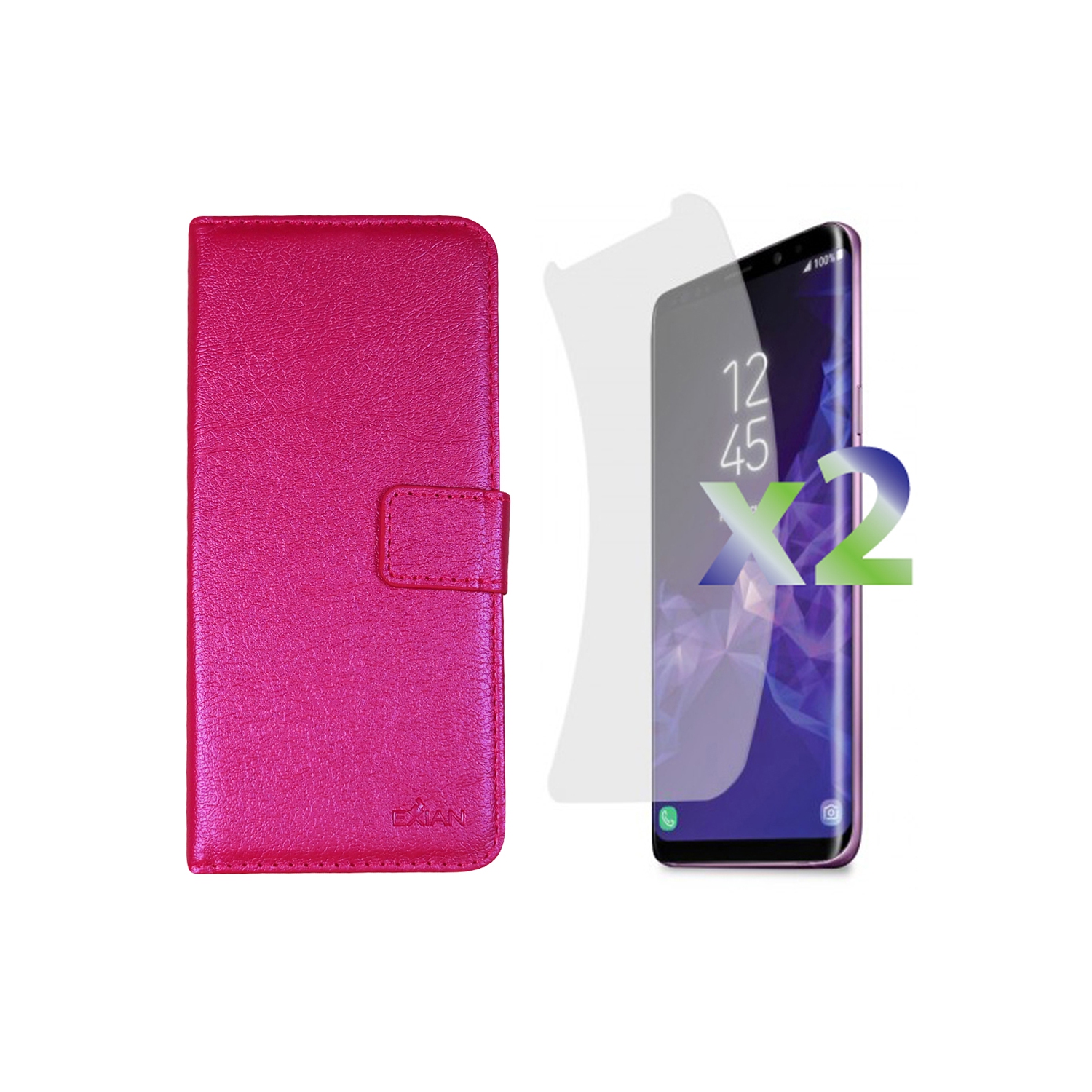Protecteurs d’écran d’Exian pour Galaxy S9 X 2 de Samsung et portefeuille en cuir de polyuréthane rose vif
