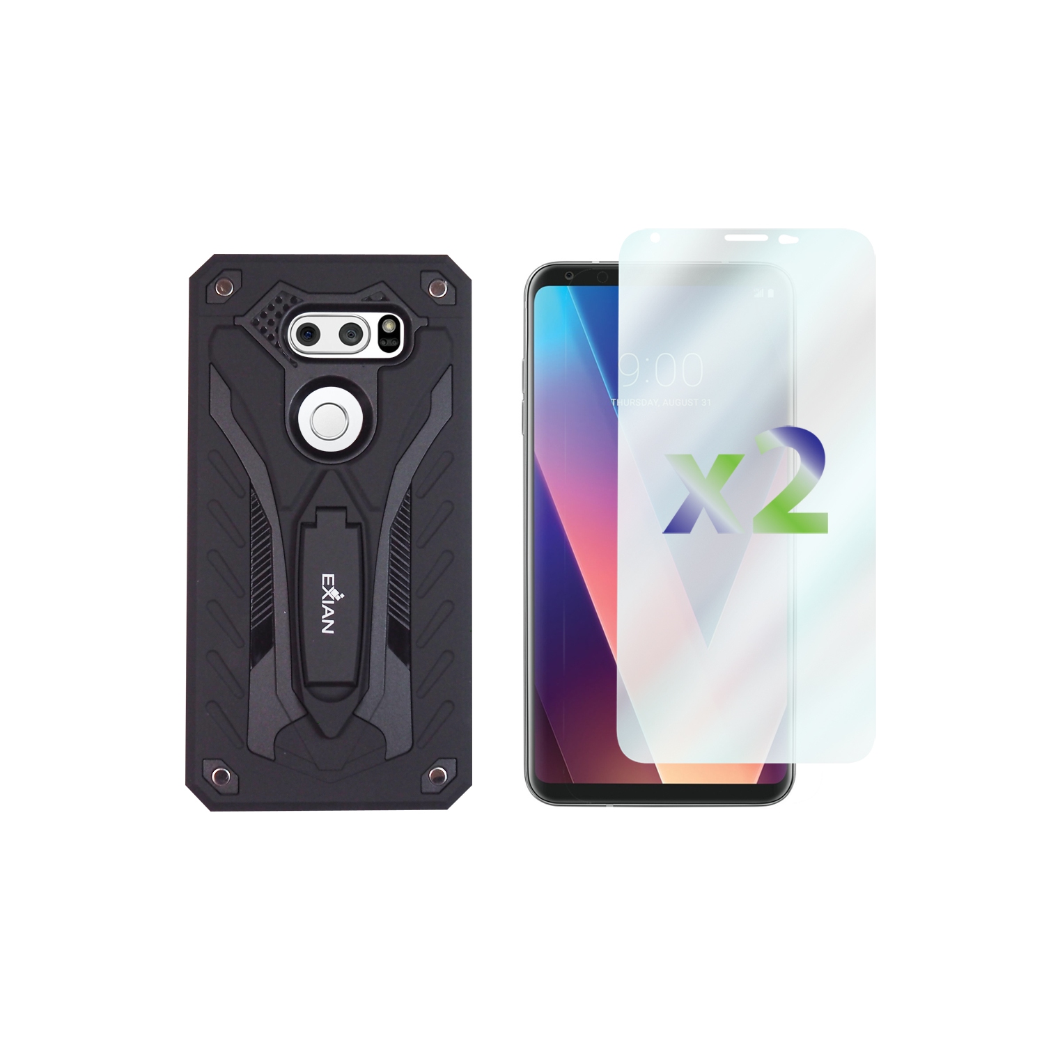 Protecteurs d’écran V30 X 2 d’Exian avec étui protecteur et support noir d’Exian pour LG