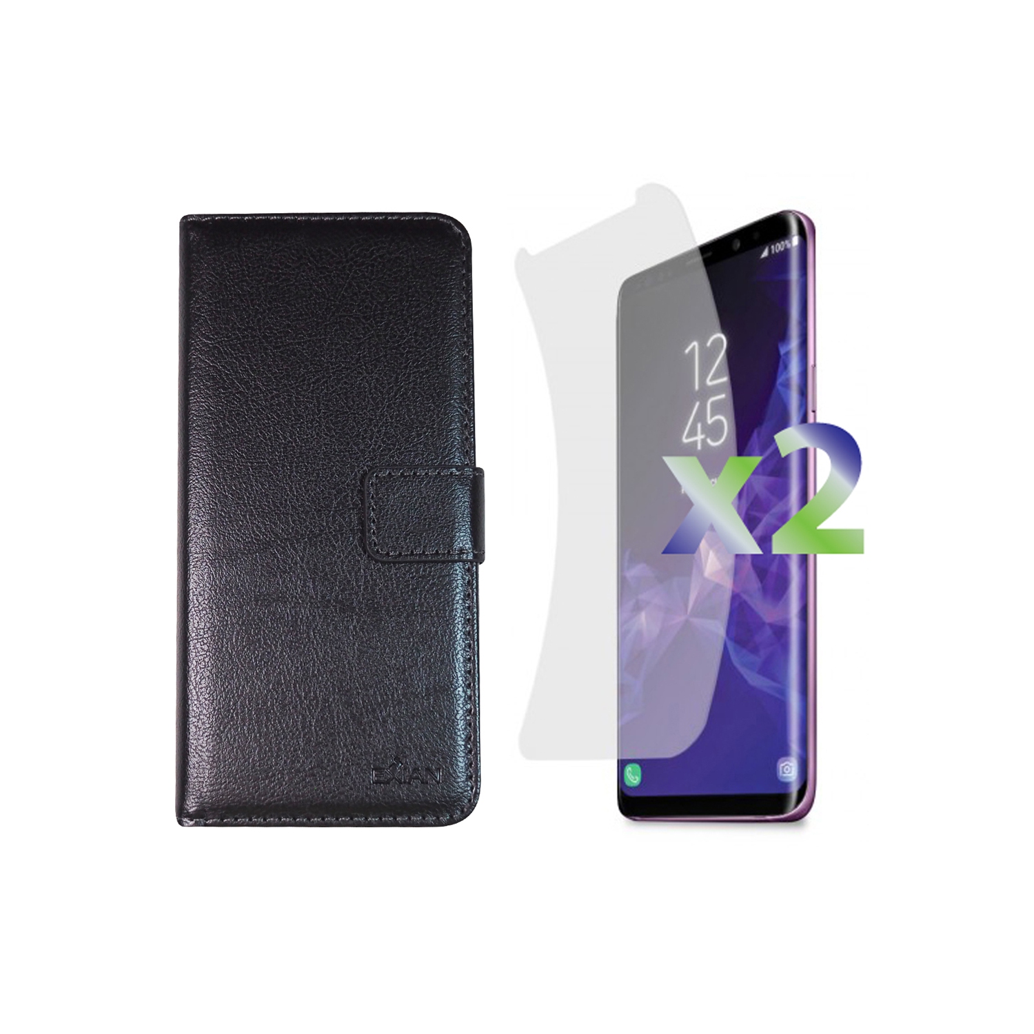 Exian Samsung Galaxy S9 Plus Screen Protectors X 2 and PU Leather Wallet Black