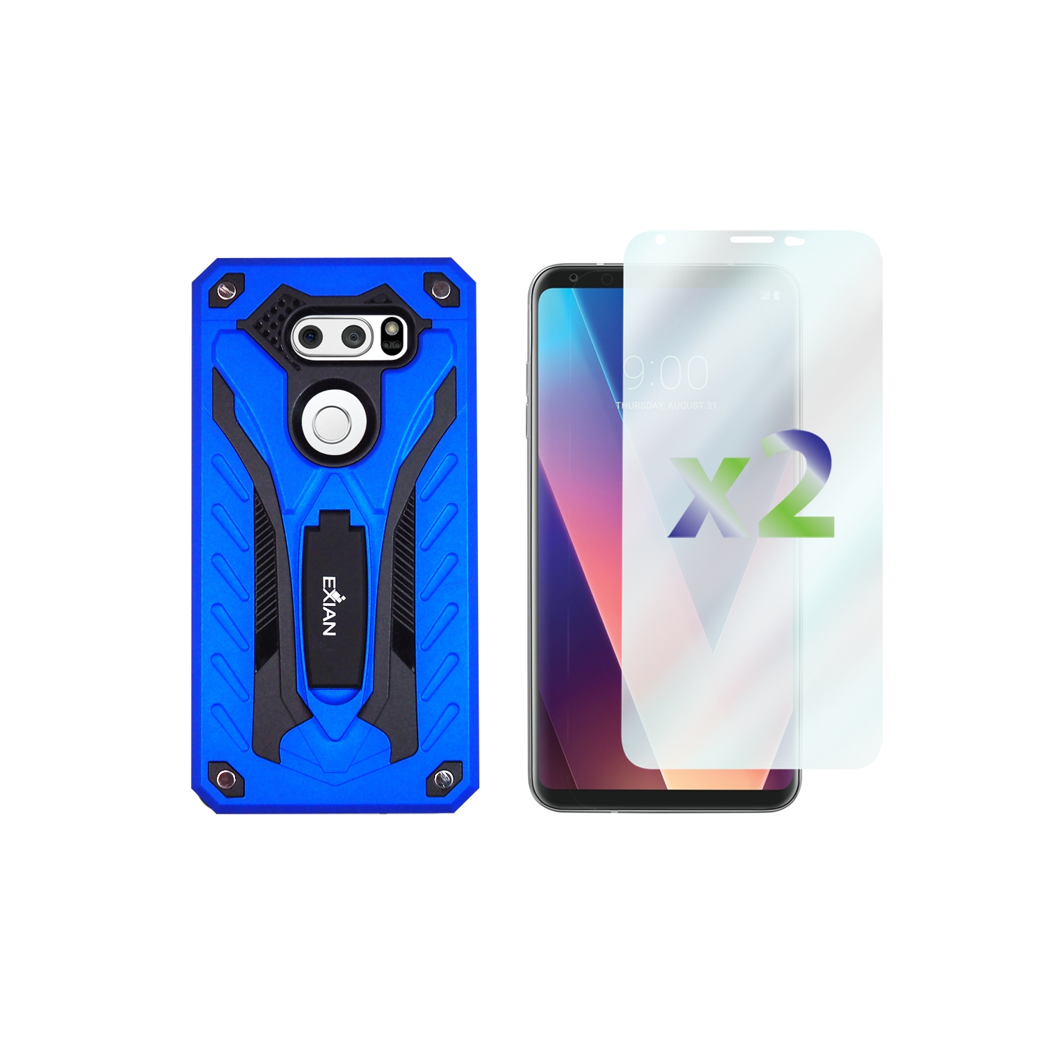 Exian LG V30 Screen Protectors X 2 and Armored Case with Stand Blue