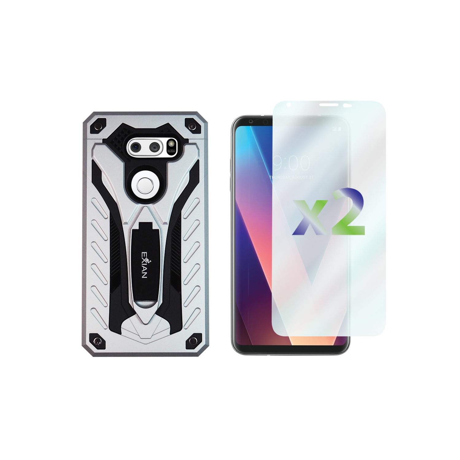 Exian LG V30 Screen Protectors X 2 and Armored Case with Stand Blue