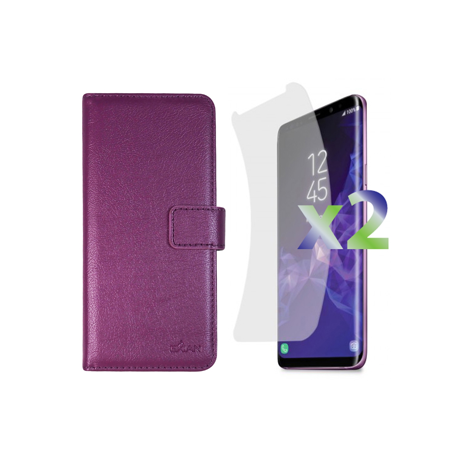 Exian Samsung Galaxy S9 Plus Screen Protectors X 2 and PU Leather Wallet Purple