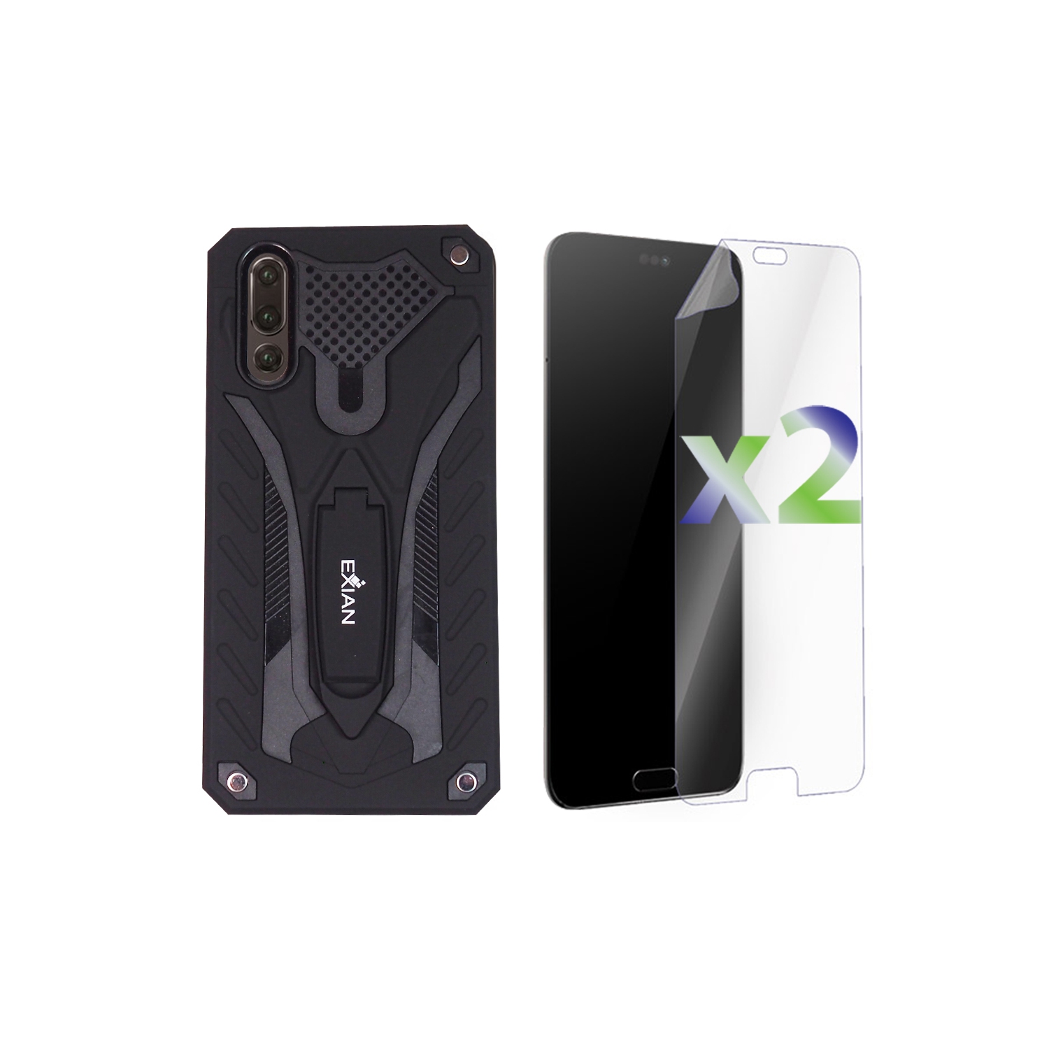 Exian Huawei P 20 Screen Protectors X 2 and Armored Case with Stand Black