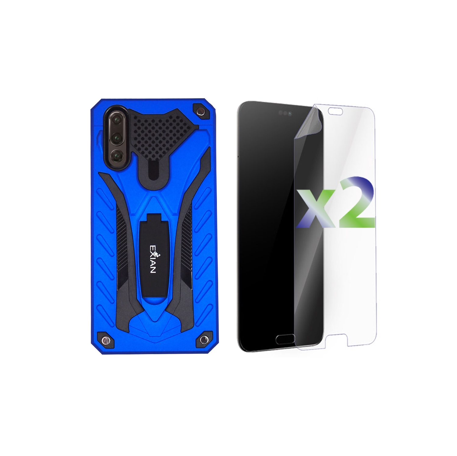 Protecteurs d’écran d’Exian pour P 20 de Huawei X 2 avec étui protecteur d’écran et support bleu