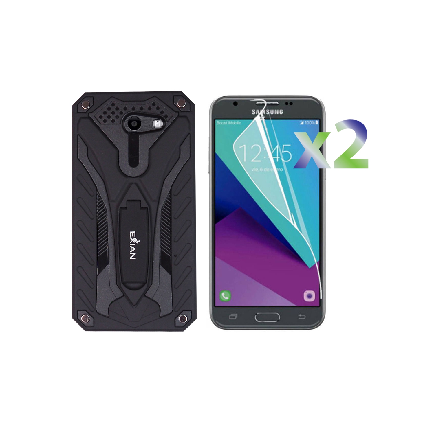 Exian Samsung Galaxy J3 Prime Screen Protectors X 2 and Armored Case with Stand Black