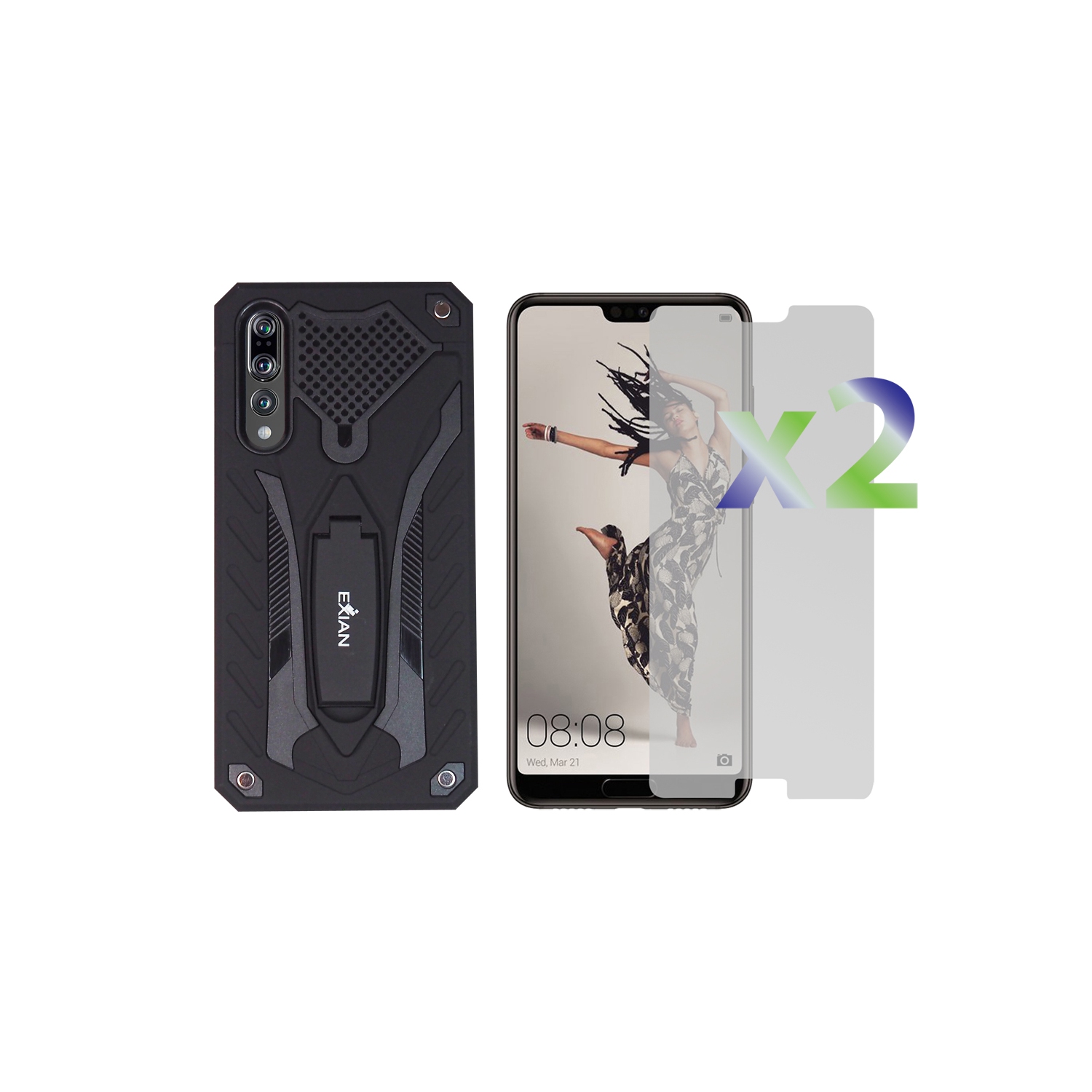 Exian Huawei P 20 Pro Screen Protectors X 2 and Armored Case with Stand Black