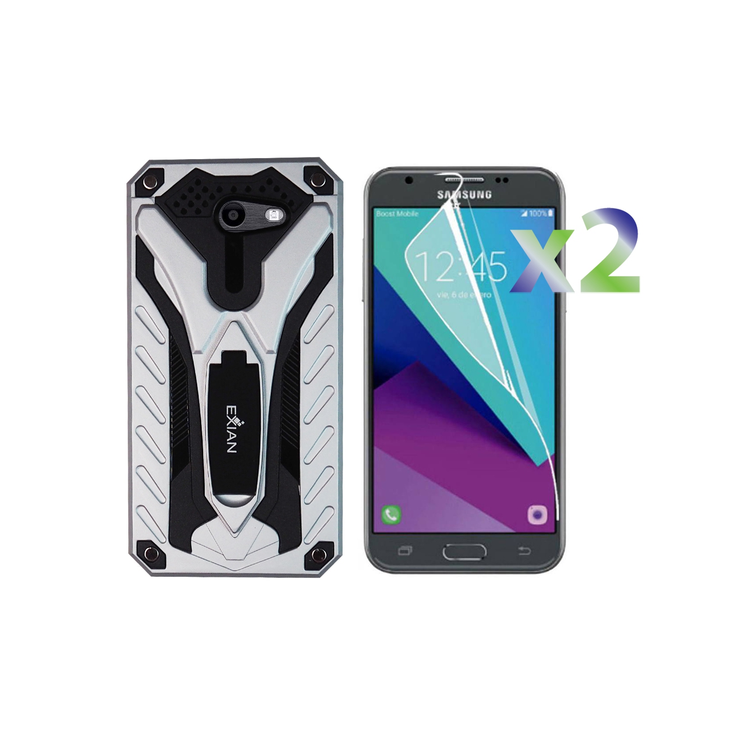 Exian Samsung Galaxy J3 Prime Screen Protectors X 2 and Armored Case with Stand Purple
