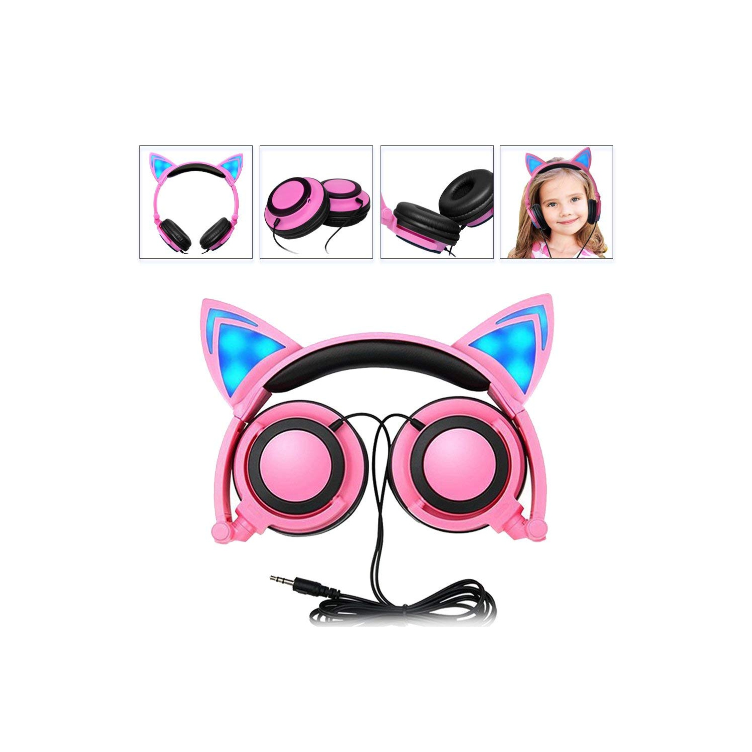 Cat Ear Headphones Over Ear Wired Kids Earphones with Foldable LED Light Flashing Compatible Headset