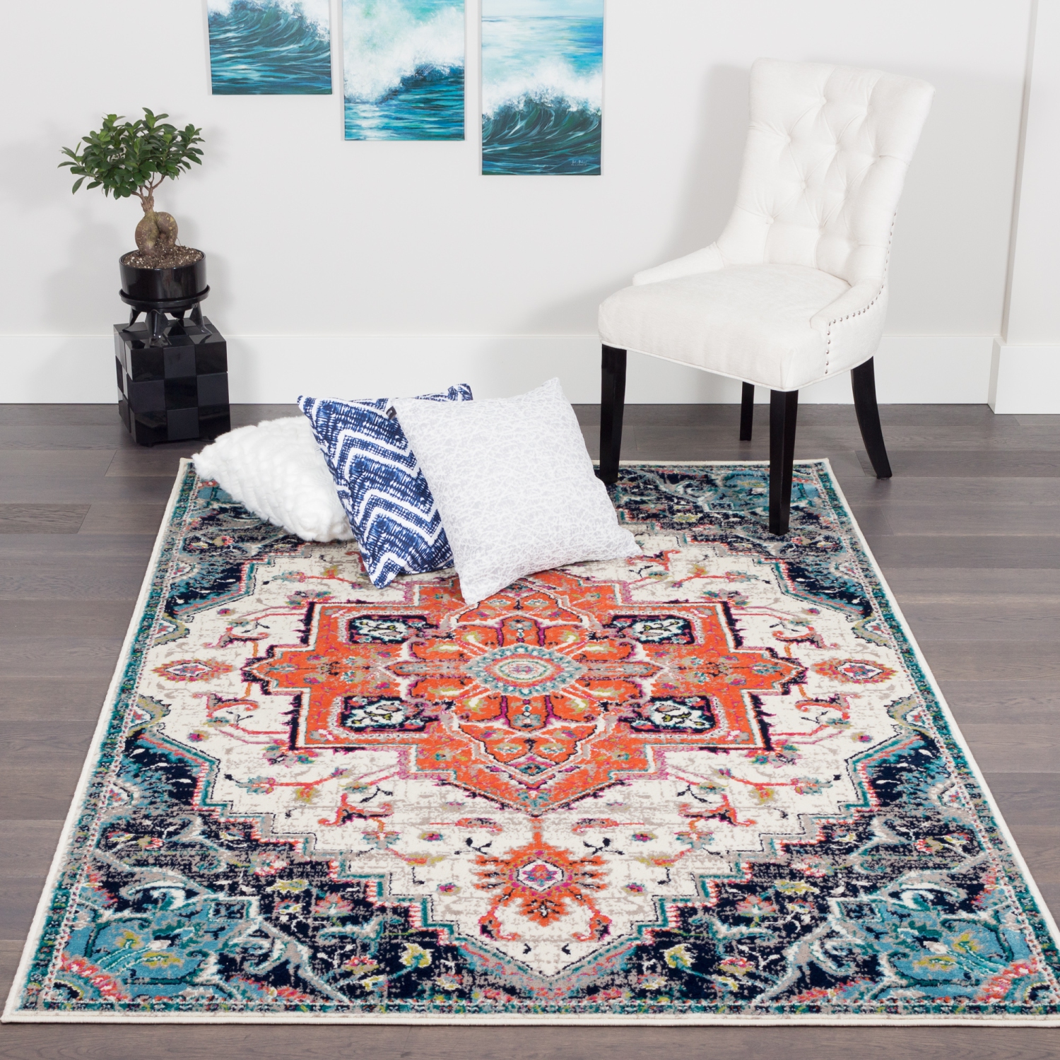 Saville Vintage Diamond Navy Area Rug 6'7" x 9'4"