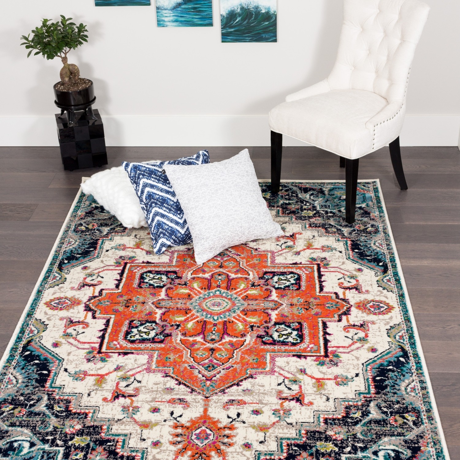 Saville Vintage Diamond Navy Area Rug 6'7" x 9'4"