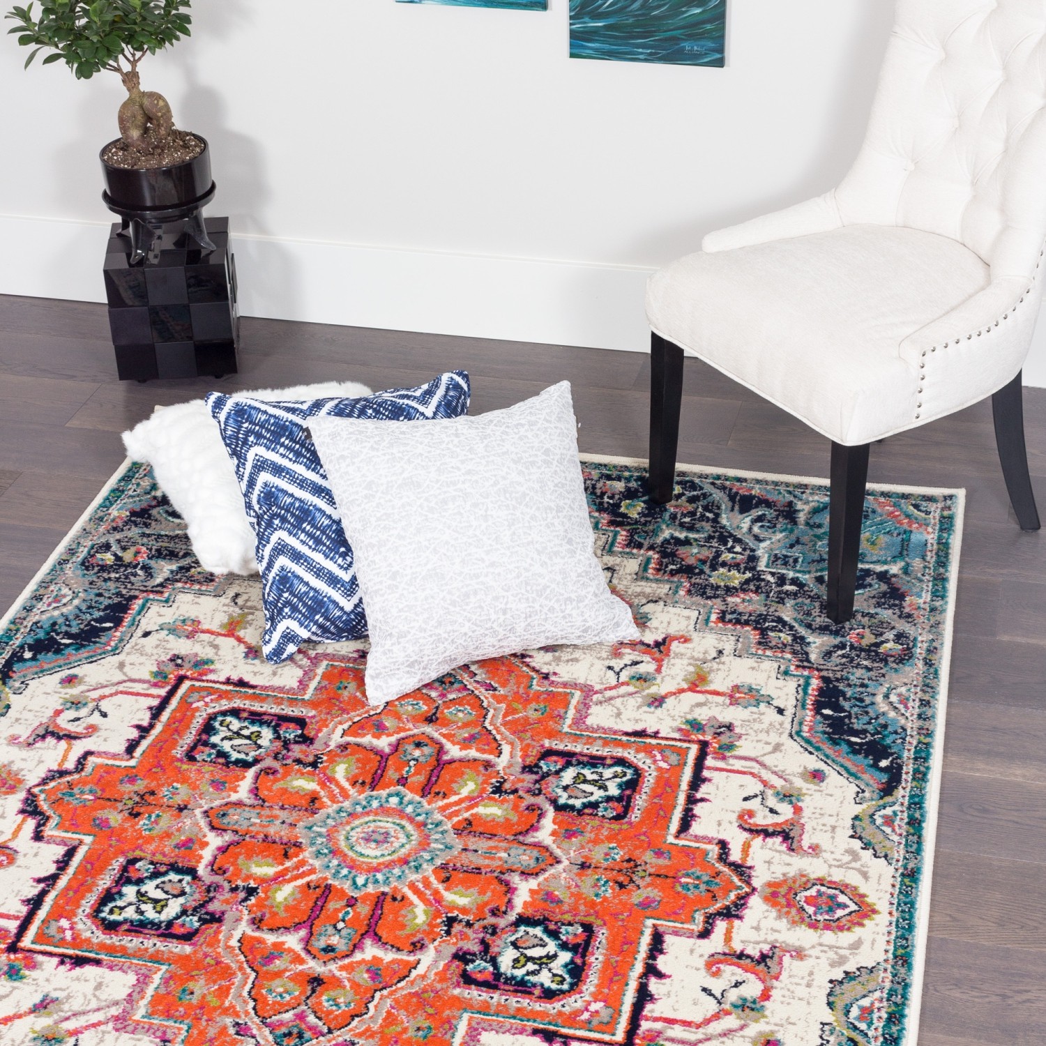 Saville Vintage Diamond Navy Area Rug 6'7" x 9'4"