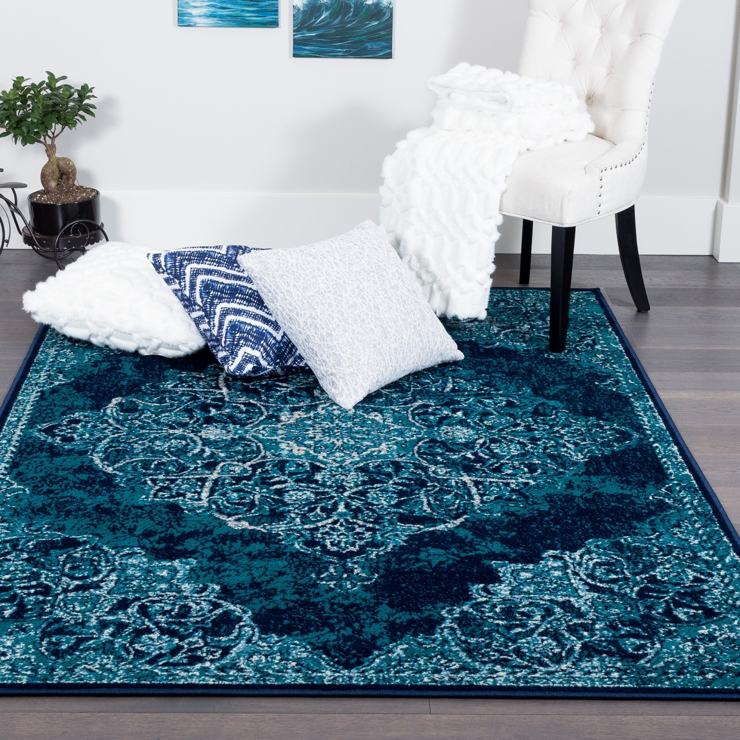 Tapis d'appoint Saville Vintage, marine / turquoise, 2 pi 2 po x 3 pi 11 po