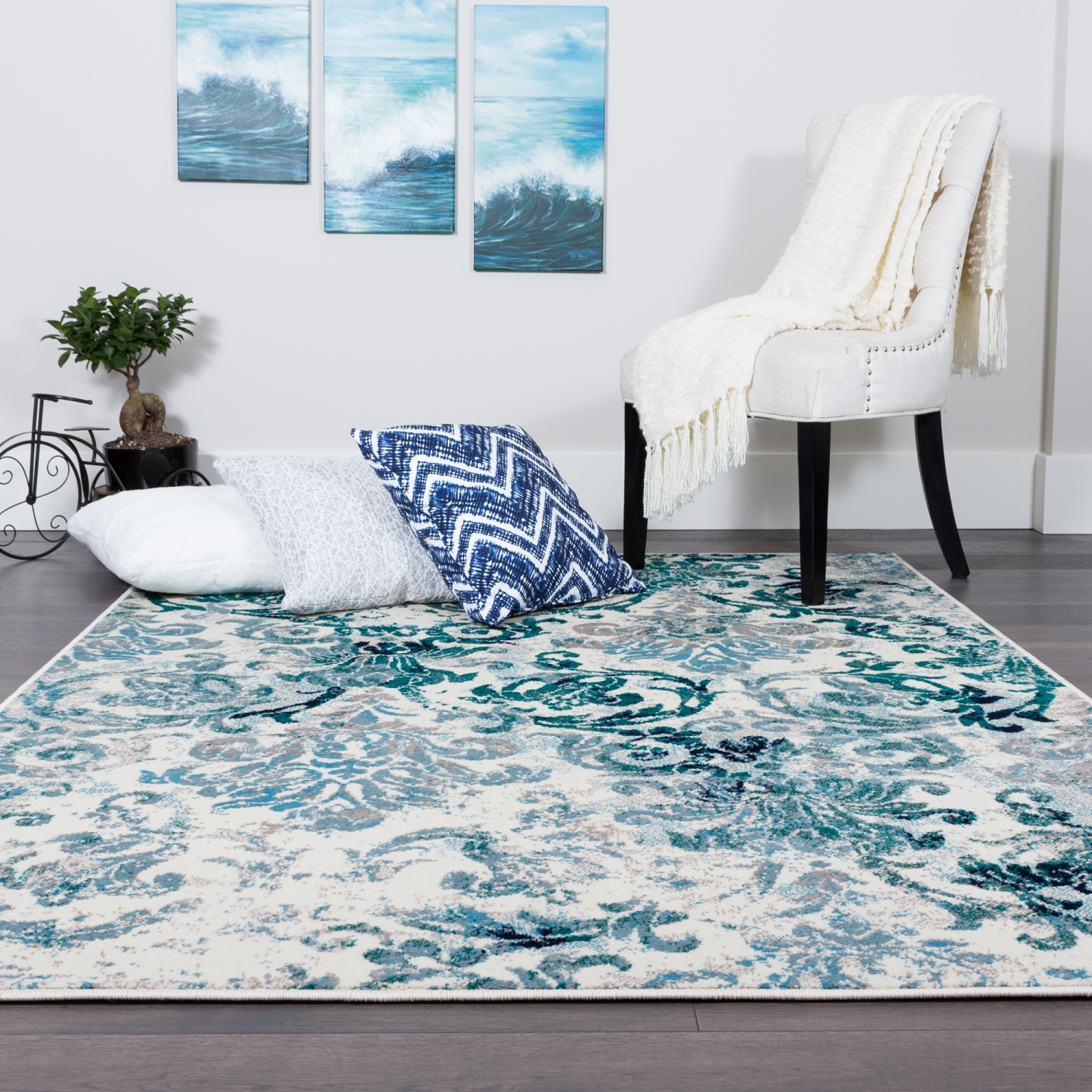 Tapis rétro Flora bleu de Saville 6 pi 7 po x 9 pi 4 po