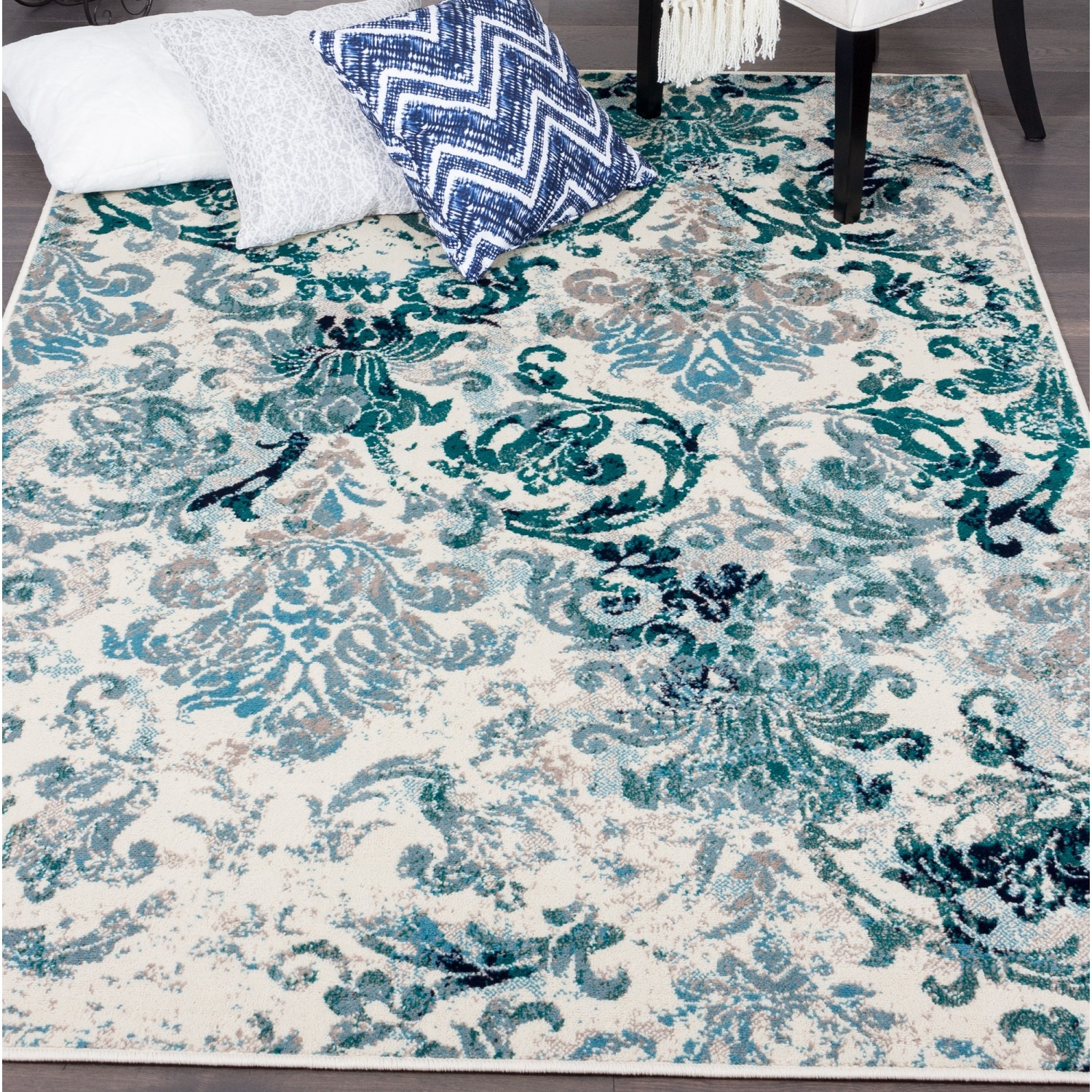 Tapis rétro Flora bleu de Saville 6 pi 7 po x 9 pi 4 po
