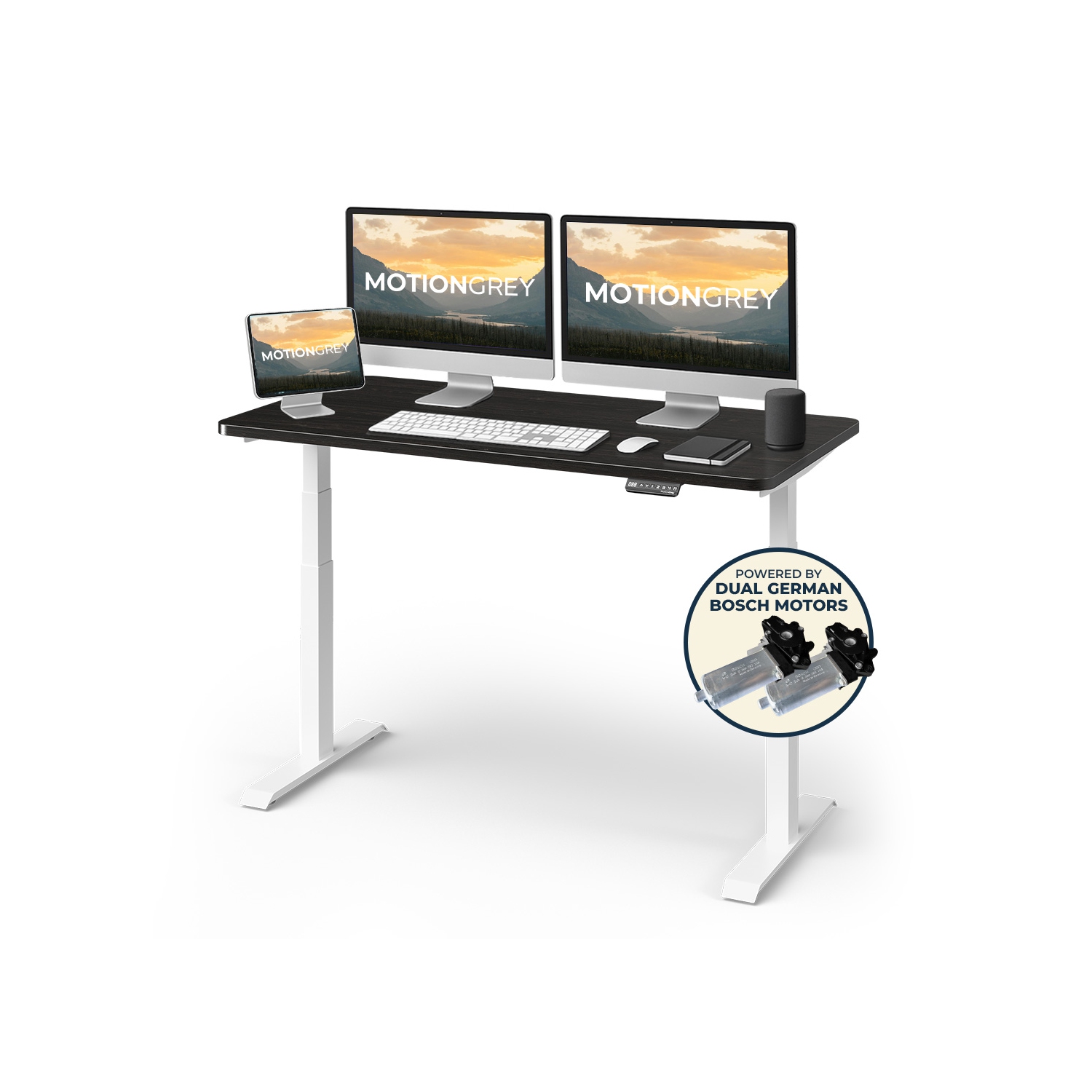 MotionGrey Height Adjustable German Electric Dual Motors Sit to Stand Computer Table Home and Office Standing Desk - White Frame with Tabletop