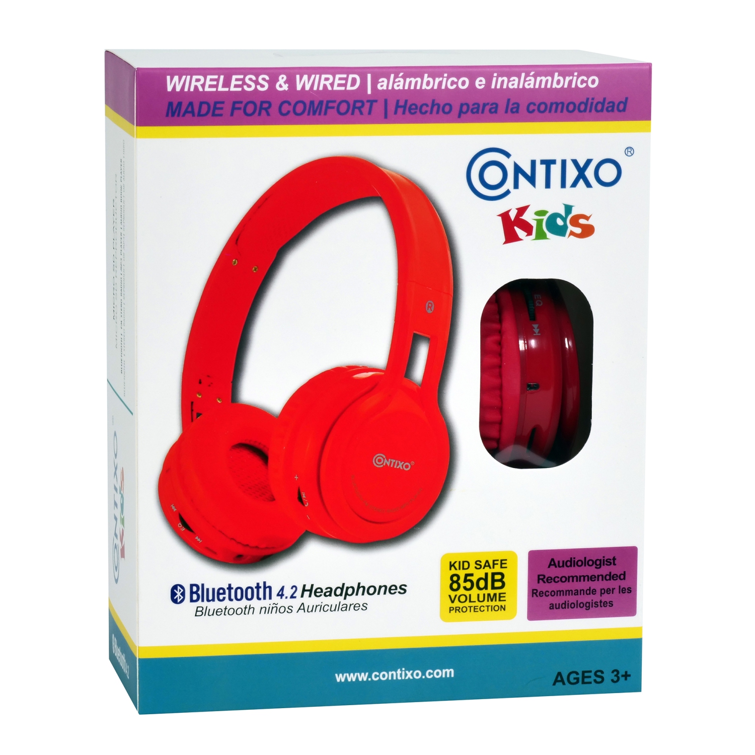 Écouteurs Bluetooth pour enfants Contixo, sans fil et avec fil, micro intégré et lecteur de musique SD, conception coussinée, iPhone, iPad, appareils