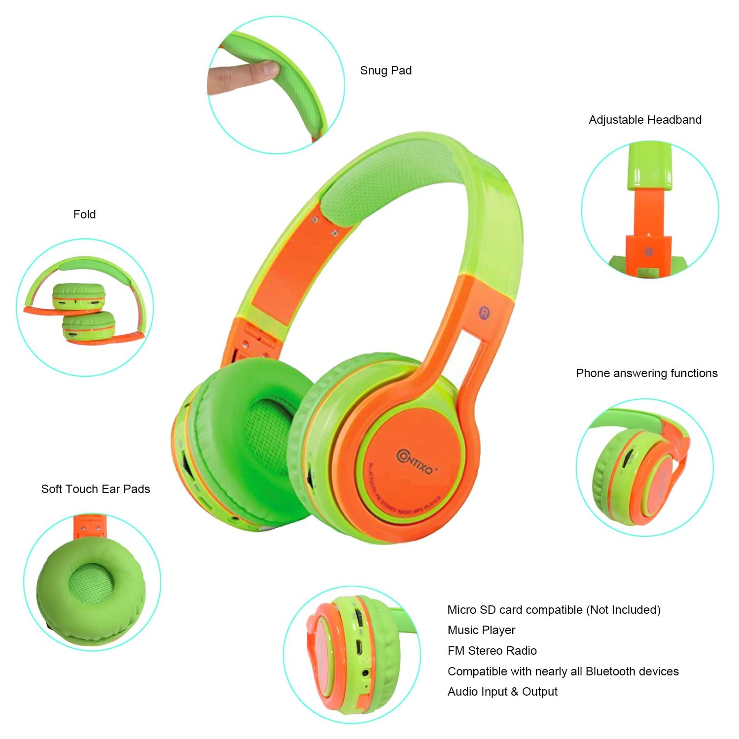 Contixo Kids Bluetooth Headphones, Wireless & Wired, Built-In Mic, Foldable, Adjustable Headband, iPhone, iPad, Android & Gaming Devices -
