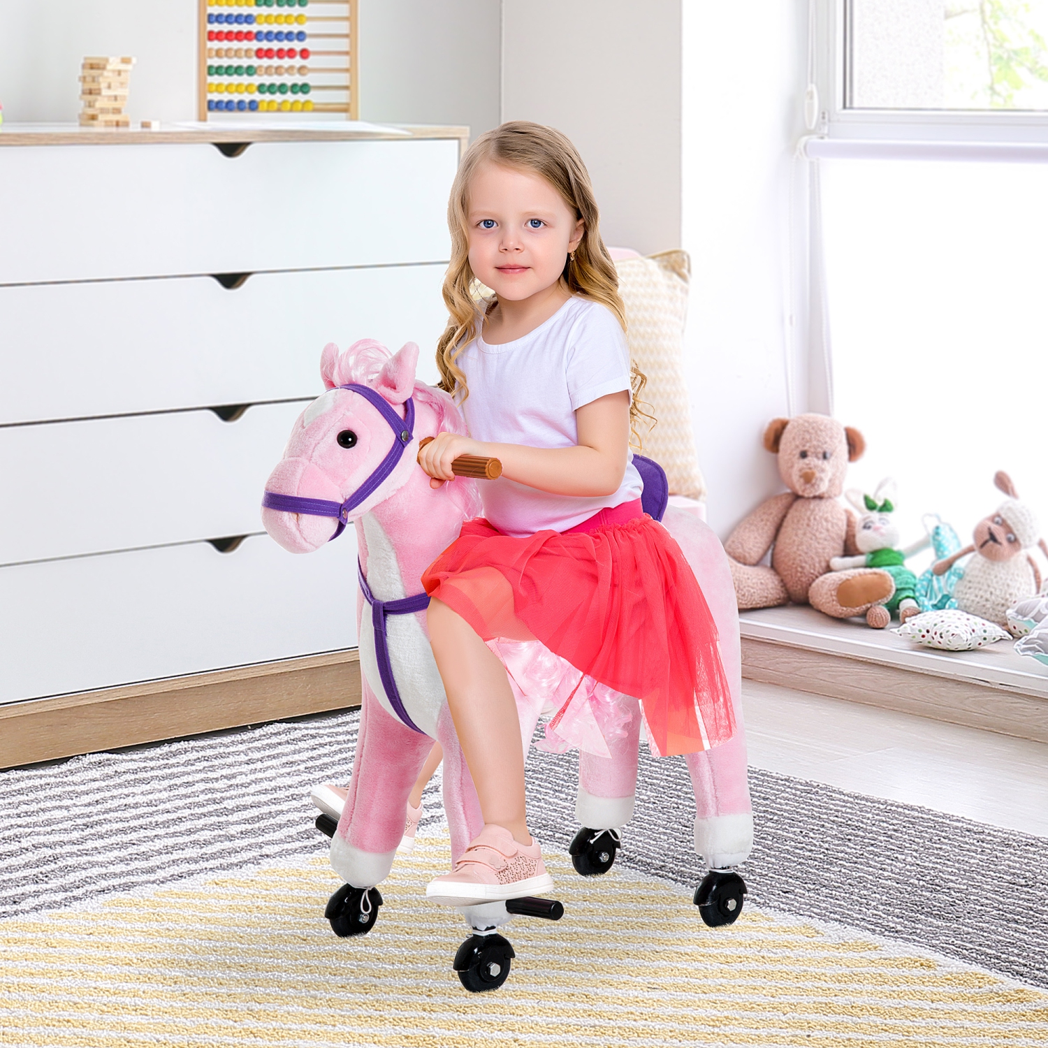 Qaba – Cheval berçant pour enfants, grand jouet porteur pour les tout-petits de 3 ans, Baby Plush Animal Rocker avec son et roue, rose