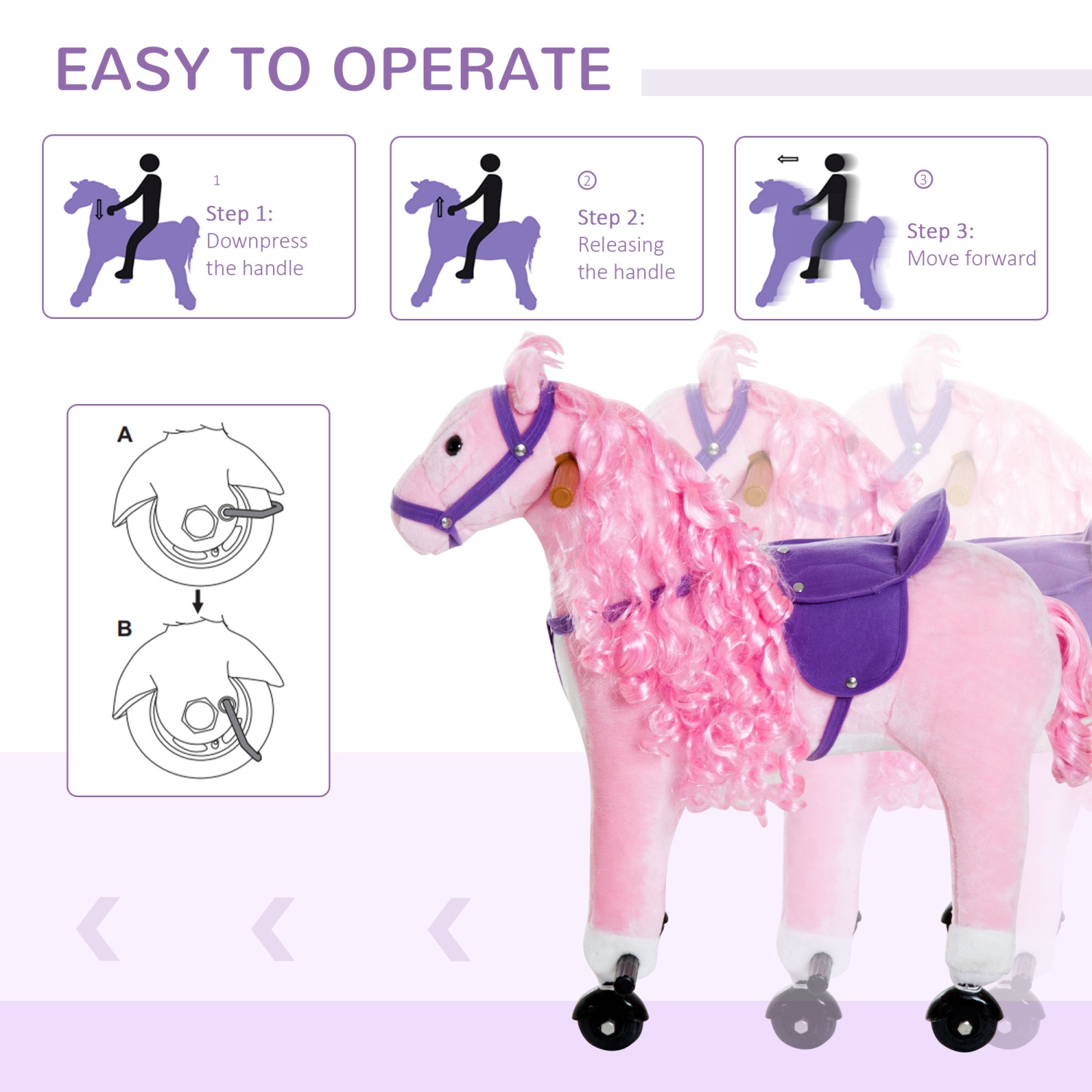 Qaba – Cheval berçant pour enfants, grand jouet porteur pour les tout-petits de 3 ans, Baby Plush Animal Rocker avec son et roue, rose