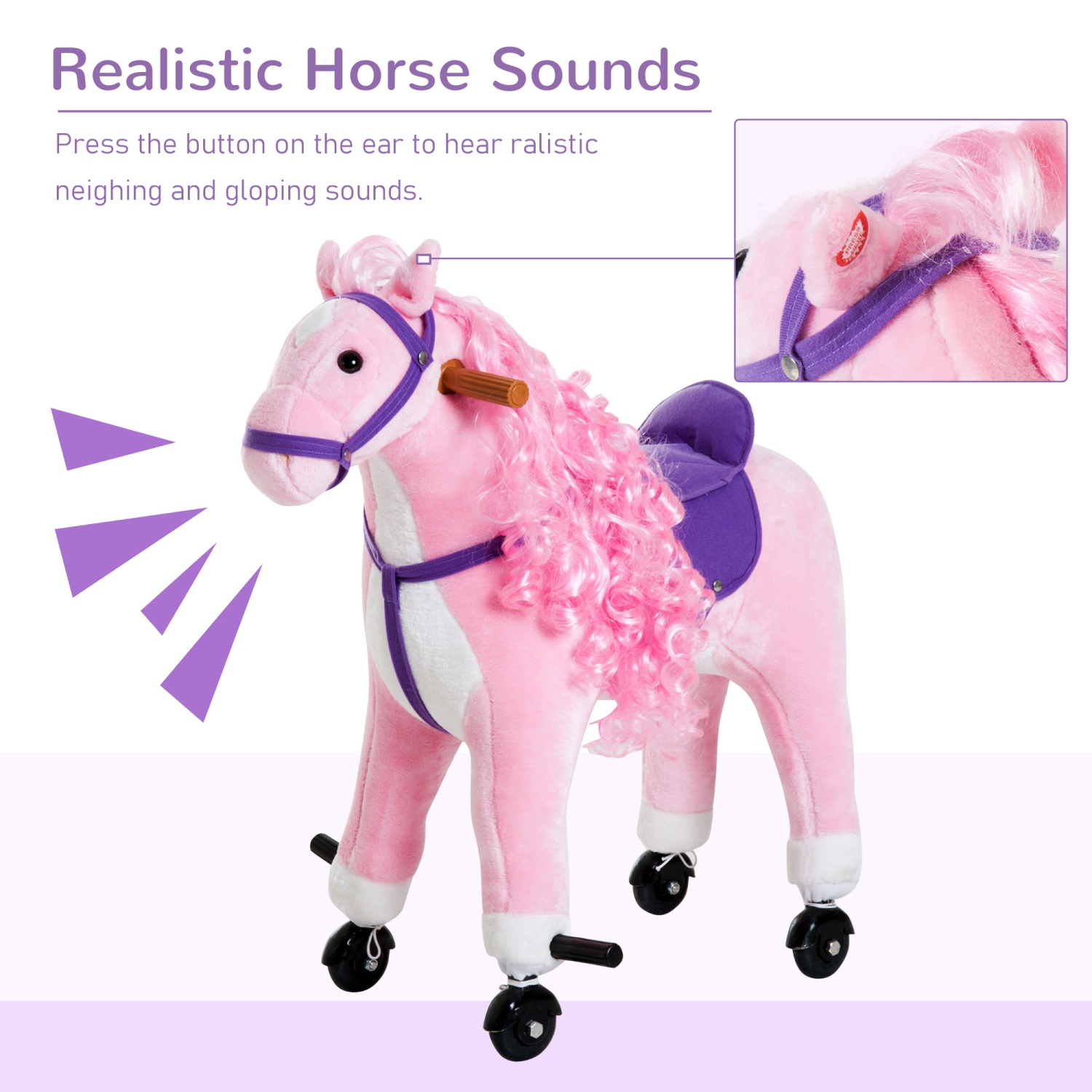 Qaba – Cheval berçant pour enfants, grand jouet porteur pour les tout-petits de 3 ans, Baby Plush Animal Rocker avec son et roue, rose