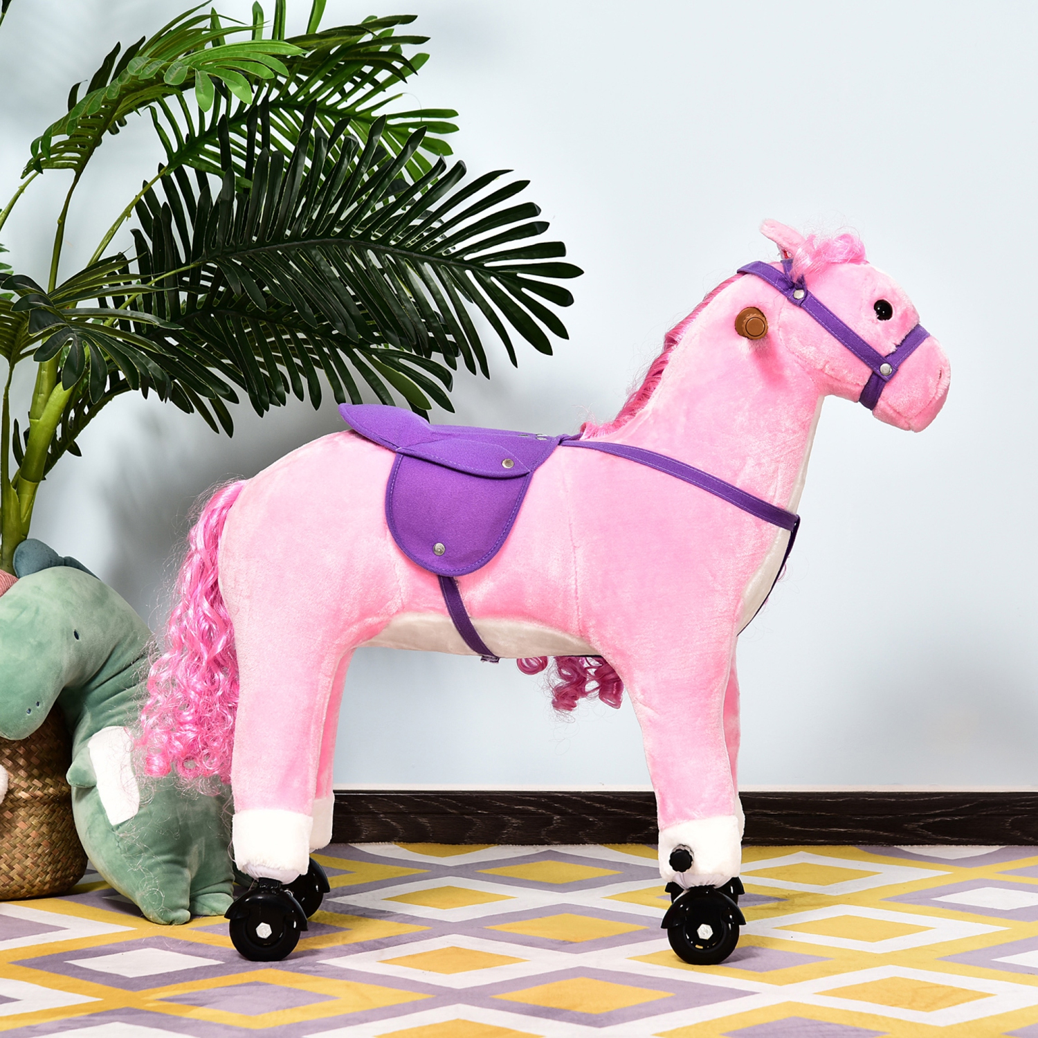 Qaba – Cheval berçant pour enfants, grand jouet porteur pour les tout-petits de 3 ans, Baby Plush Animal Rocker avec son et roue, rose