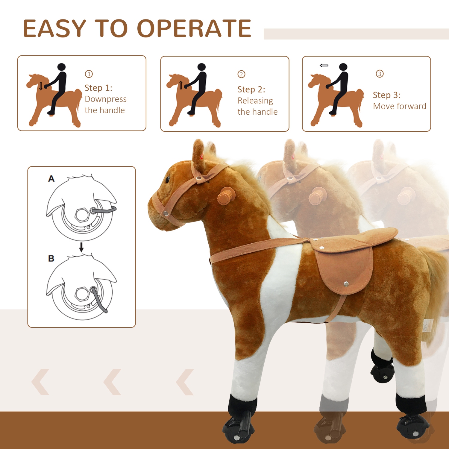 Qaba Kids Rocking Horse, Large Walking Ride on Toy for Toddlers 3 year old, Baby Plush Animal Rocker with Sound and Wheel, Brown